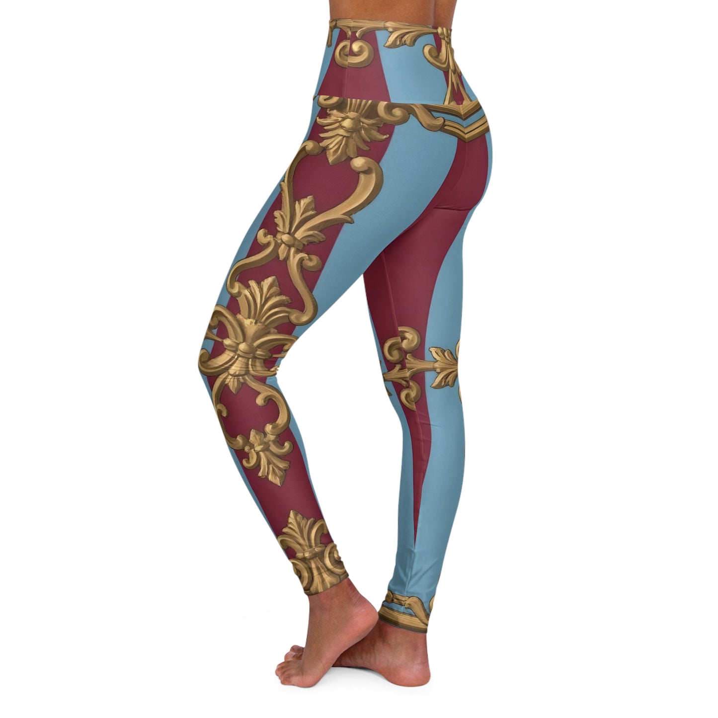 Stylish High Waisted Yoga Leggings with Elegant Pattern, Yoga Pants, Workout Leggings, Activewear - Sky Blue & Maroon Striped Baroque