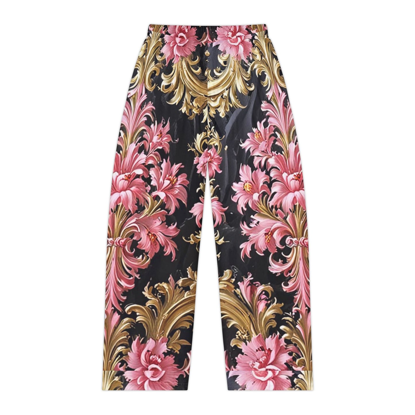 Elegant Floral Women's Pajama Pants, Luxurious Sleepwear, Trendy Loungewear, Cozy Nightwear - Black & Pink Oil Painting Style Rococo