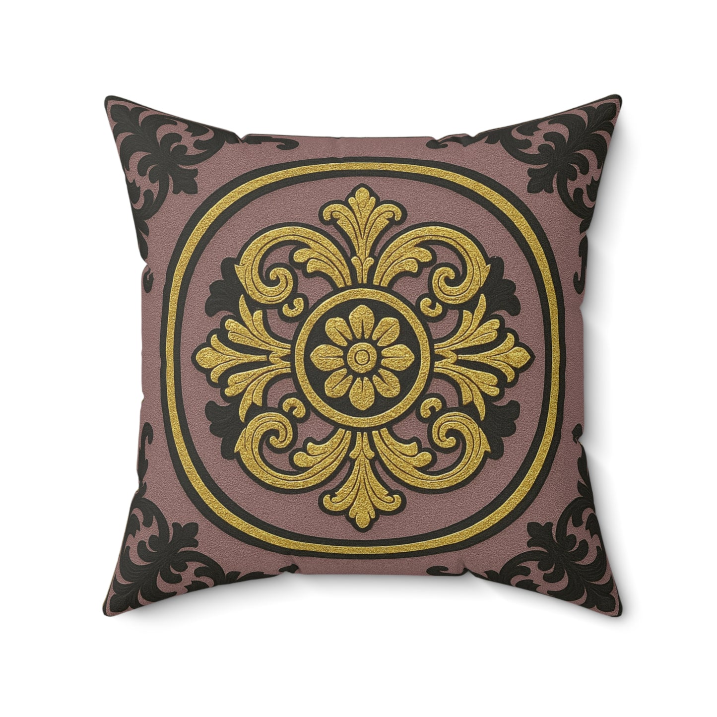 Elegant Gilded Mauve With Gold-Black Baroque Faux Suede Pillow, Decorative Cushion for Home Decor, Living Room Accent, Gift for Holidays