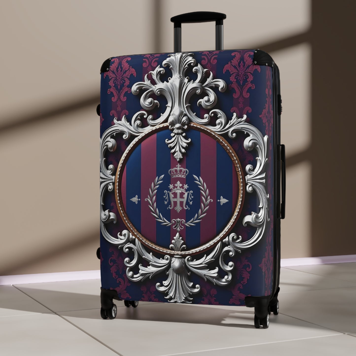 Elegant Suitcase for Travel, Stylish Luggage, Vintage Design Carry-On, Perfect for Adventures, Stylish Getaways - Blue & Plum Striped Silver Crest