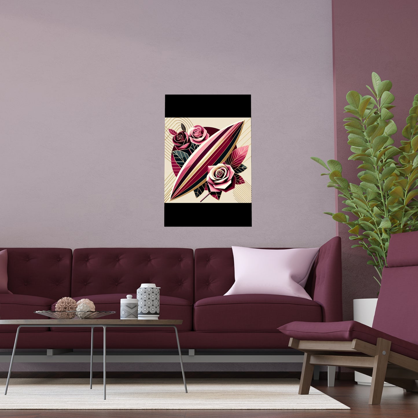 Elegant Floral Silk Poster - Indoor/Outdoor Wall Art for Home Decor - Pink & Burgundy Striped Surfboard & Roses