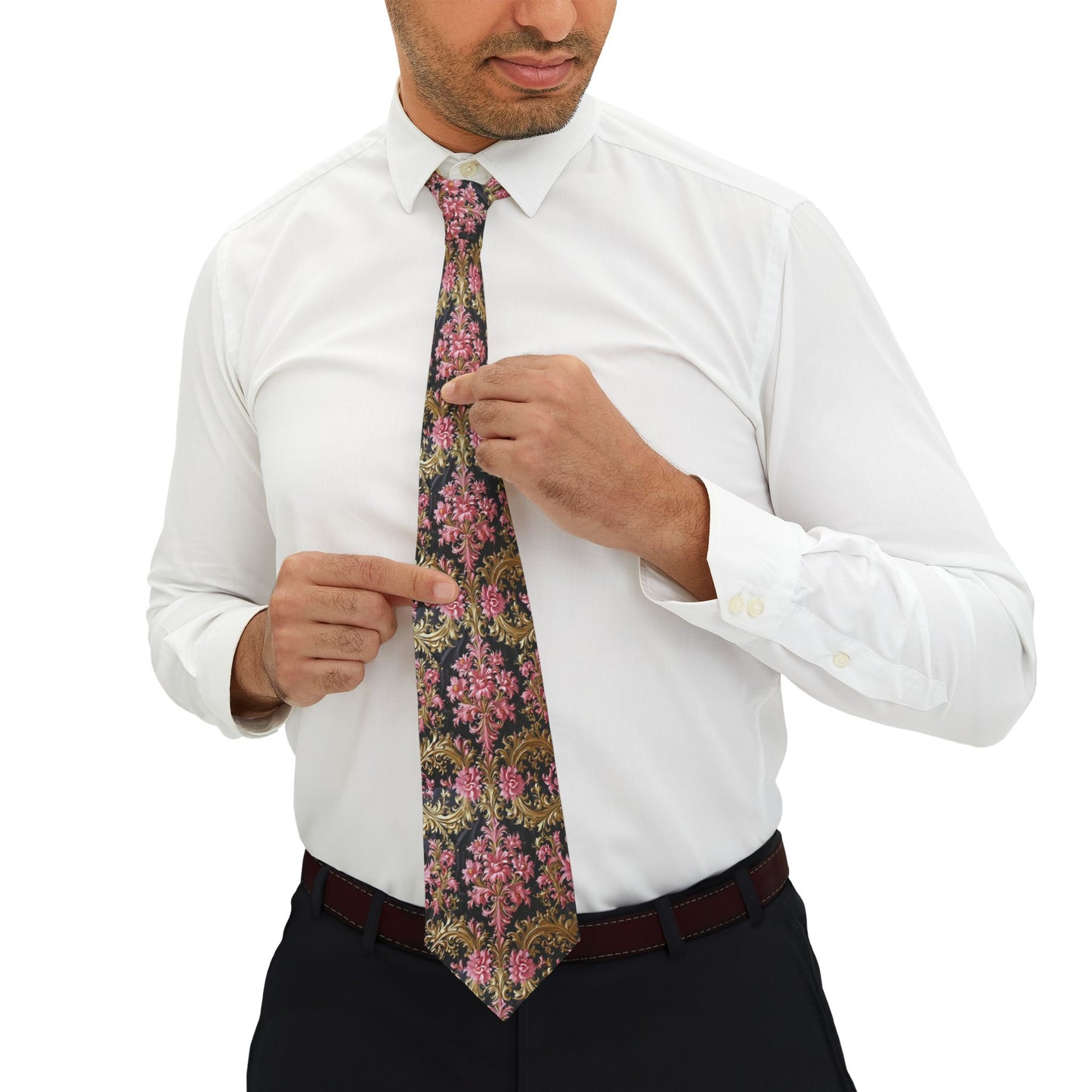 Floral Pattern Necktie, Stylish Accessory for Weddings, Parties, Business Events, Gifts for Him - Black & Pink Oil Painting Style Rococo