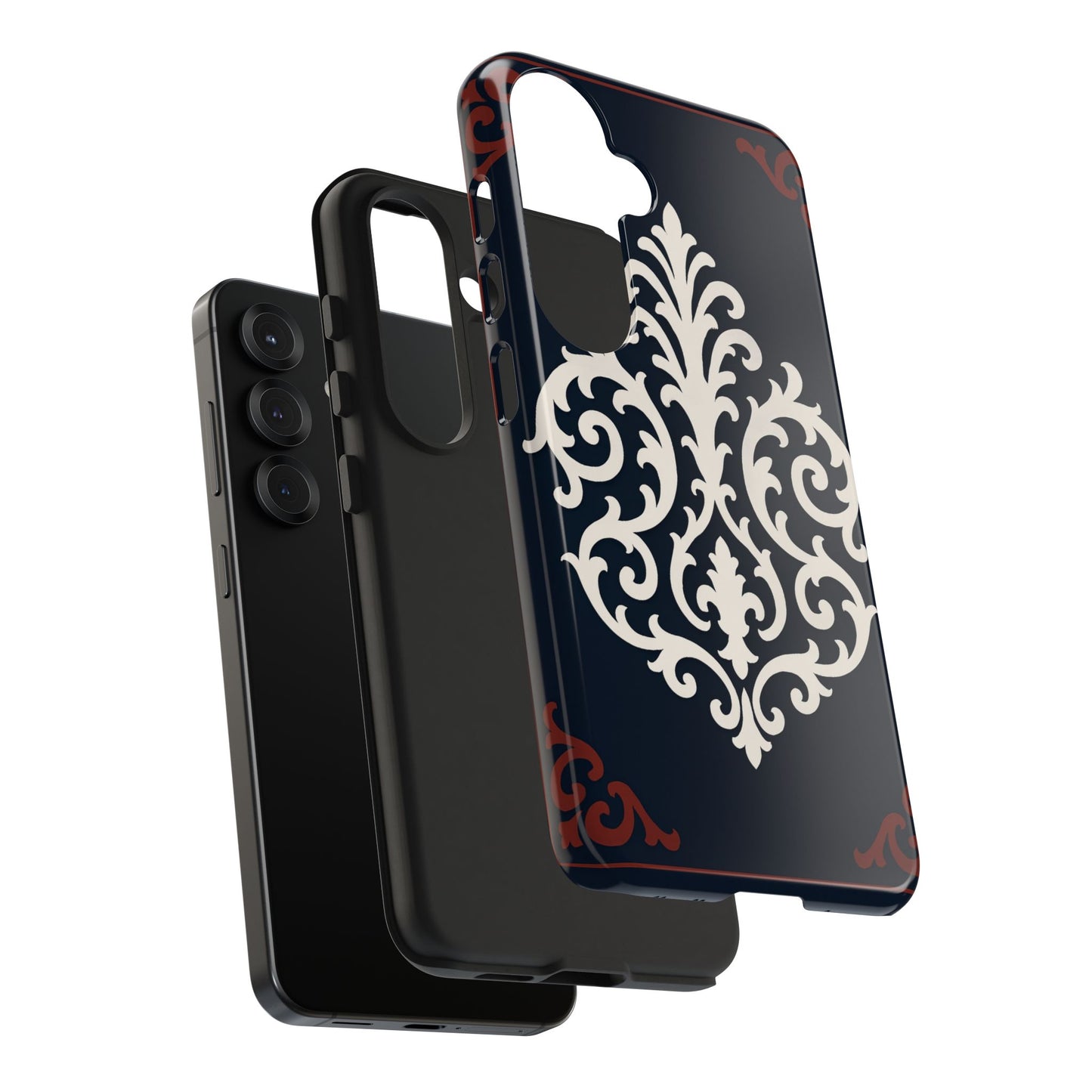 Dusk Blue-Maroon & White Baroque Tough Phone Case — Vintage Scroll Design