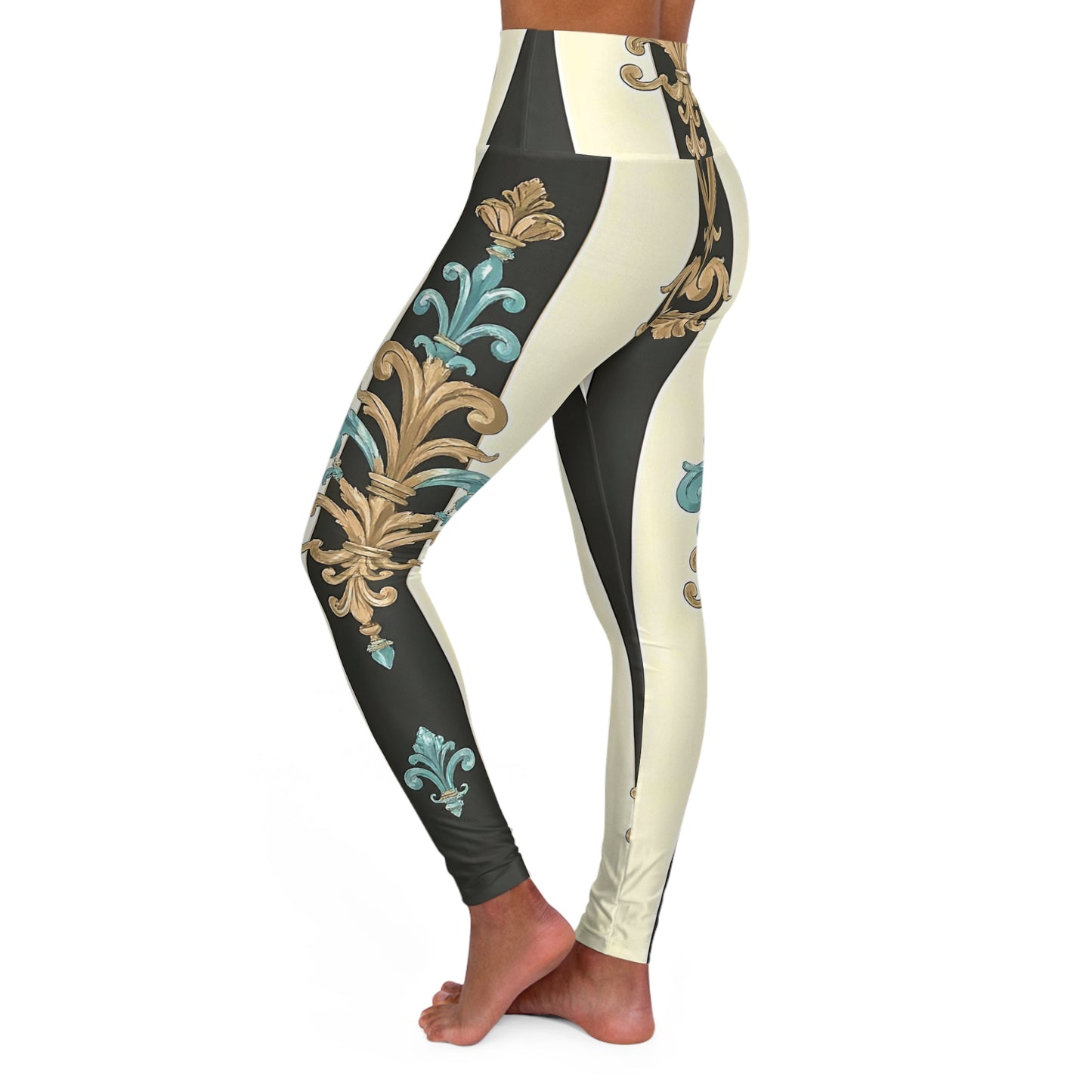 Chic High Waisted Yoga Leggings - Comfort Fit, AOP Design, Fitness Apparel, Trendy Activewear - Black Striped Turquoise & Black Rococo