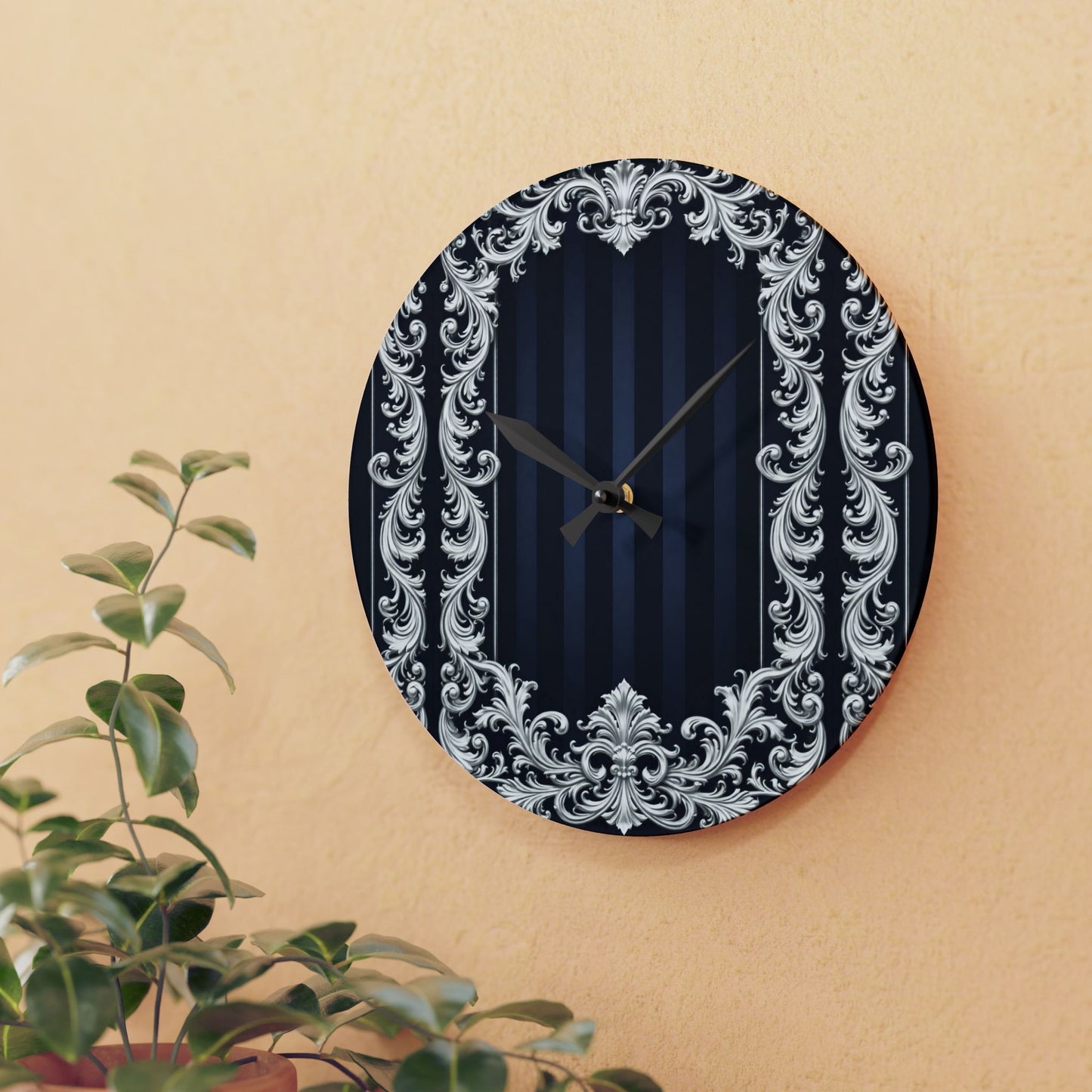 Vintage Baroque Acrylic Wall Clock — Navy Stripes & Baroque Silver Frame