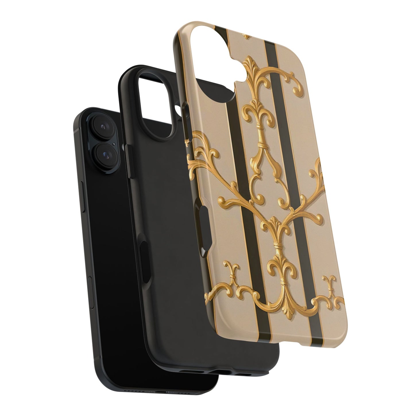 Elegant Vintage Tough Phone Case, Stylish Phone Cover, Boho Accessories, Perfect Gift for Her - Beige Striped Gold Rococo