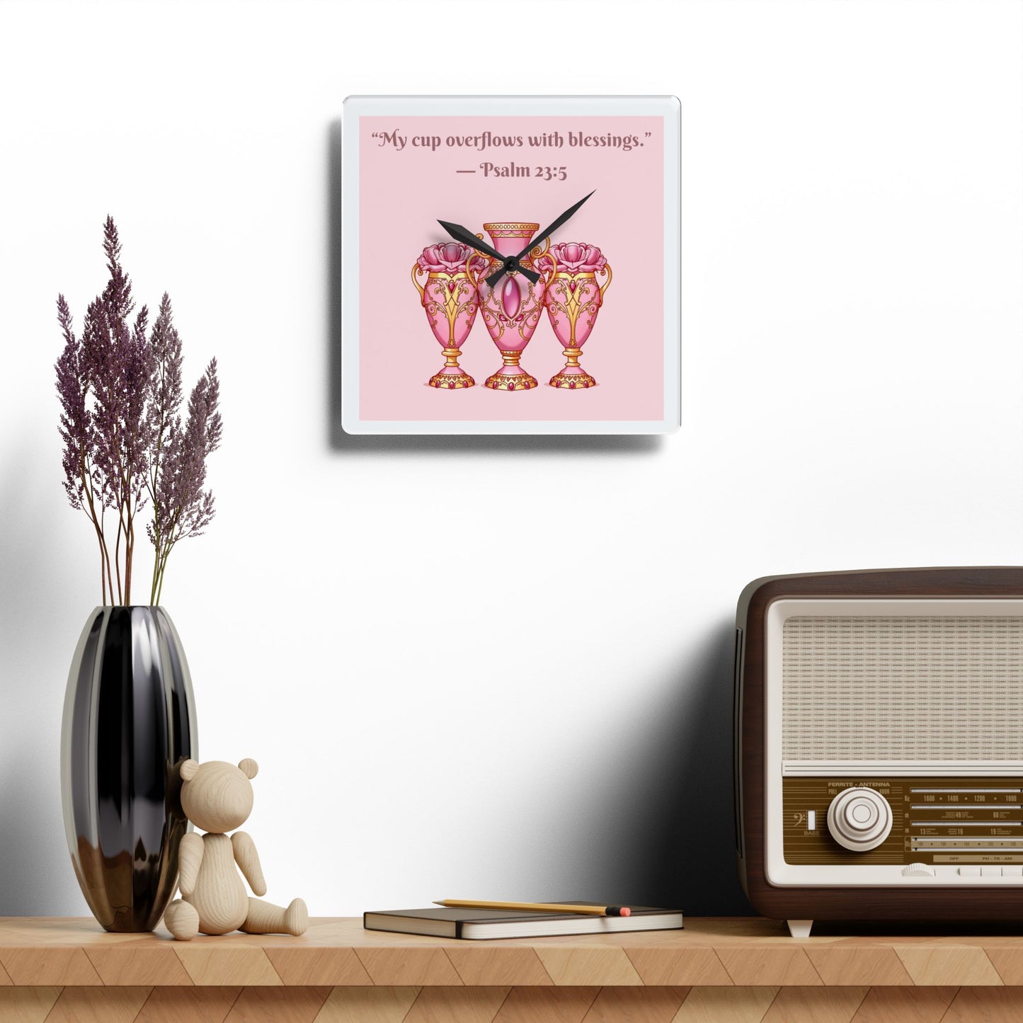 Inspirational Acrylic Wall Clock with Psalm 23:5, Home Decor, Gift for Her, Motivational Wall Art, Christian Decor, Prayer Room Accent