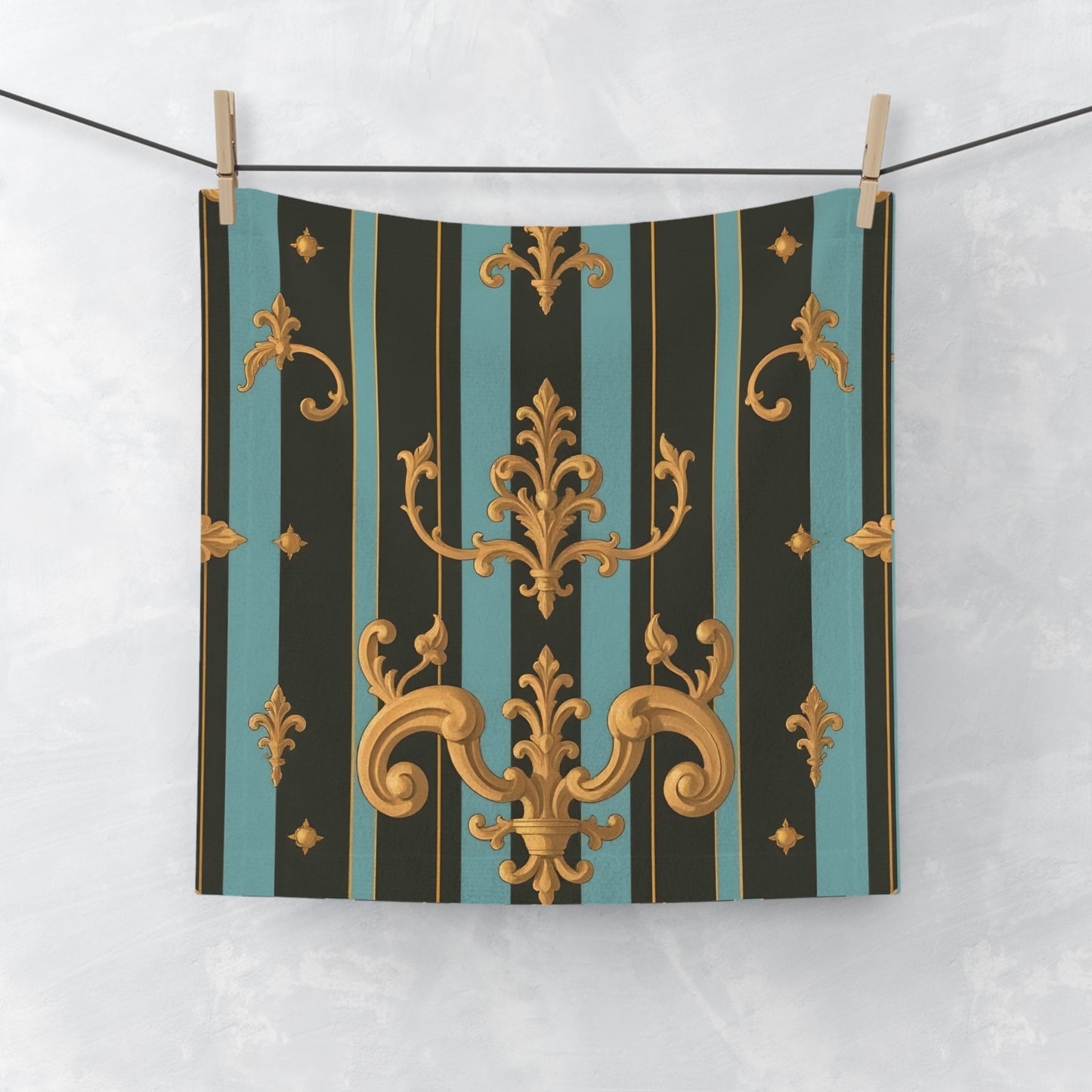 Elegant Patterned Face Towel, Luxury Bathroom Decor, Spa Gifts, Home Essentials, Stylish Towels - Black & Turquoise Striped Baroque
