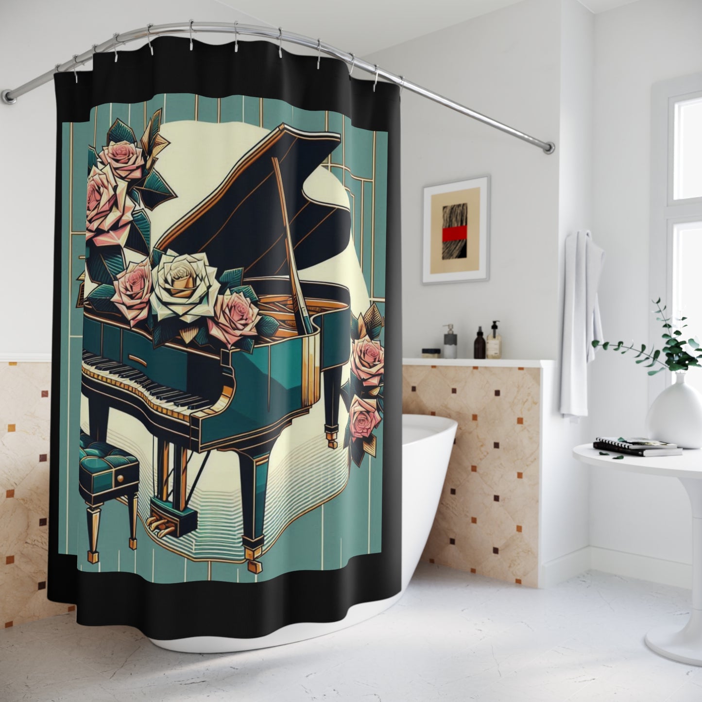 Elegant Floral Piano Shower Curtain - Musical Home Decor