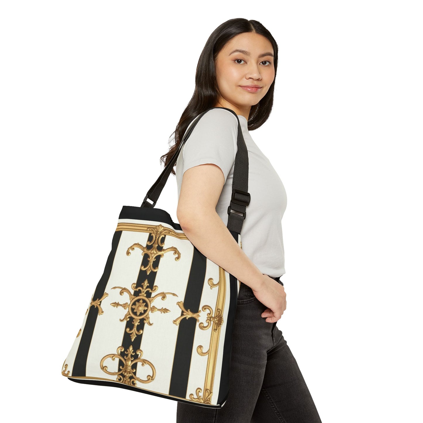 Elegant Vintage-Inspired Adjustable Tote Bag, Fashion Accessories, Daily Use, Gift for Her, Trendy Bag - Black & White Striped Gold Baroque