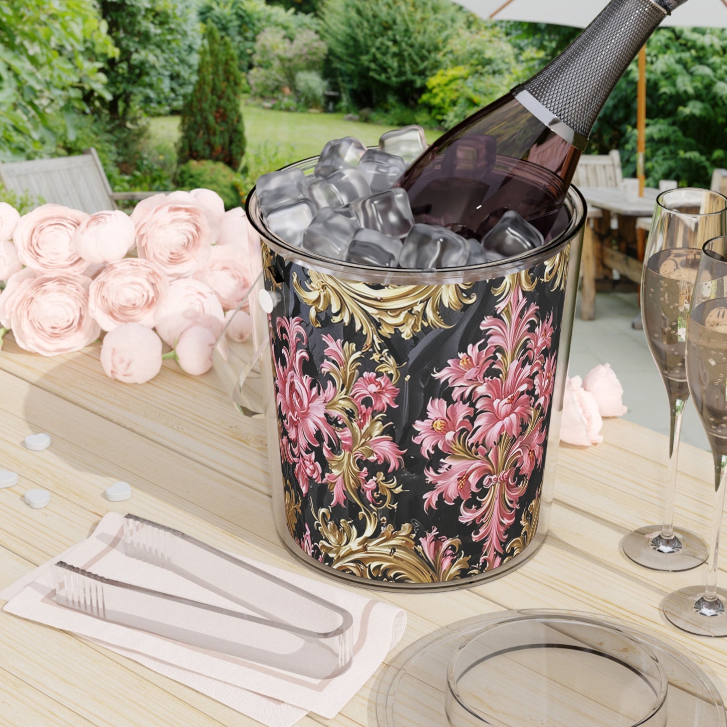Elegant Floral Ice Bucket with Tongs, Party Accessories, Home Bar Decor, Wine Cooler, Wedding Gift - Black & Pink Oil Painting Style Rococo