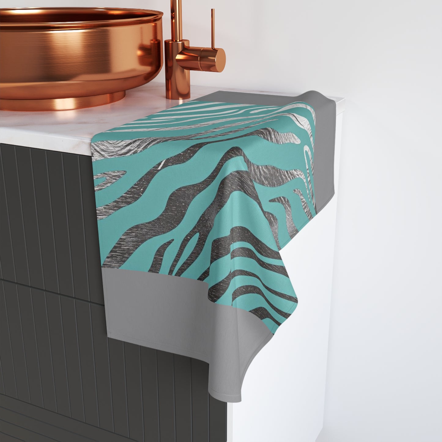 Zebra Print Hand Towel - Stylish Aqua and Silver Design for Home Decor