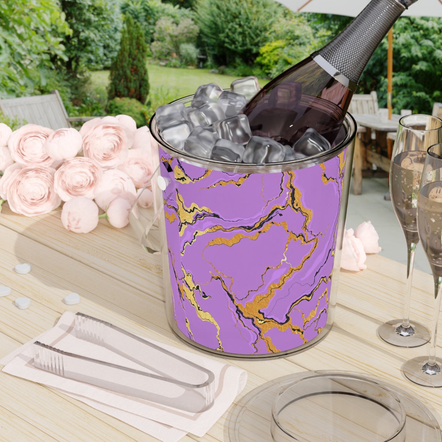 Elegant Lavender Marble Ice Bucket with Tongs, Stylish Drink Cooler, Barware for Parties, Home Decor, Perfect Gift for Entertaining