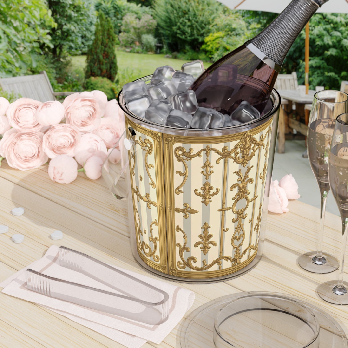 Elegant Gold-Patterned Ice Bucket with Tongs, Sophisticated Drink Chiller, Party Essential, Home Bar Decor - Matte Gray & Cream Striped Gold Baroque