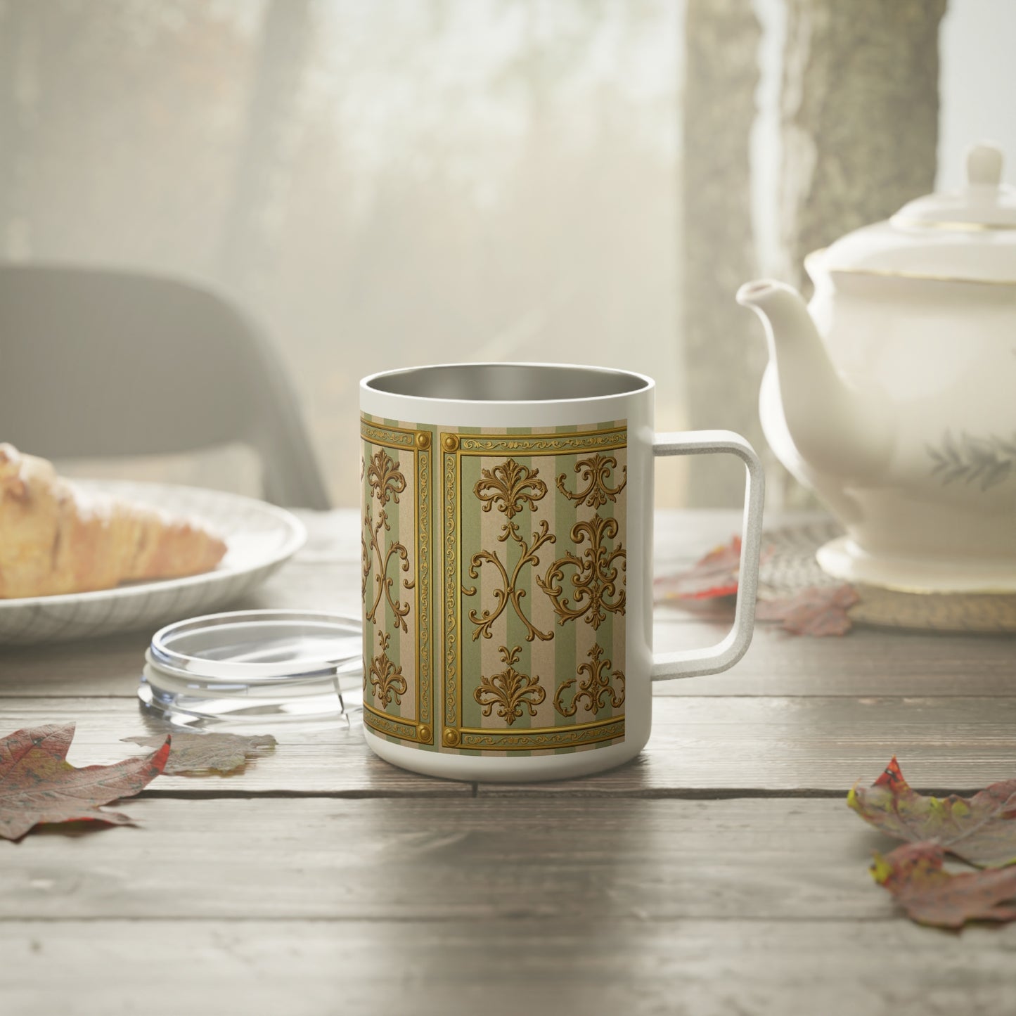 Elegant Vintage Insulated Coffee Mug - For Tea Lovers, Unique Kitchen Gift - Mint Green & Beige Striped Gold Baroque