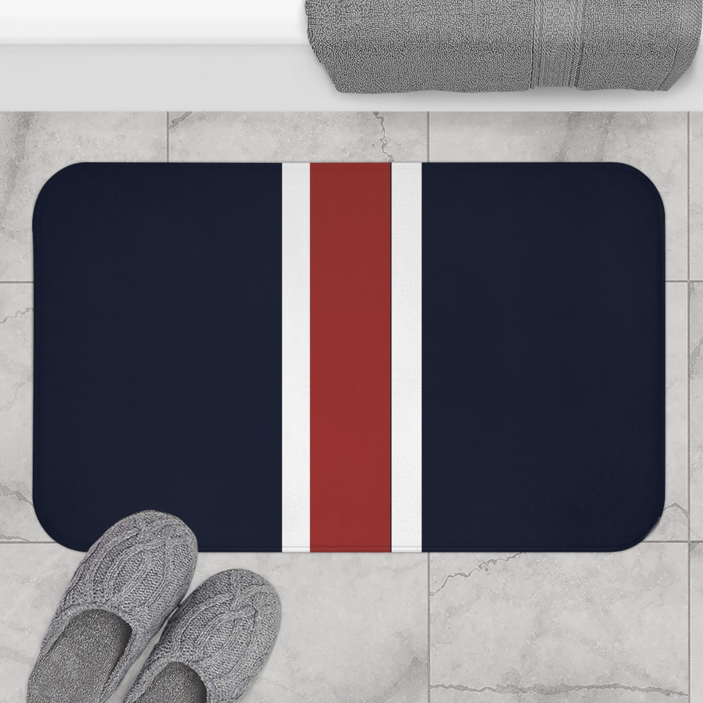Lunar Midnight & Red-White Striped Bath Mat – Cozy Bathroom Decor, Gift for Housewarming, Modern Bath Rug, Beach Theme Accessory, Stylish Home