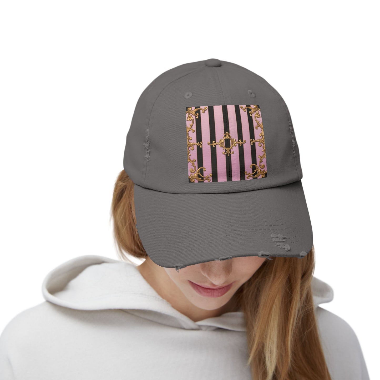 Chic Distressed Cap, Trendy Fashion Accessory, Summer Style Hat, Unique Gift for Her - Matte Lavender & Black Striped Gold Baroque