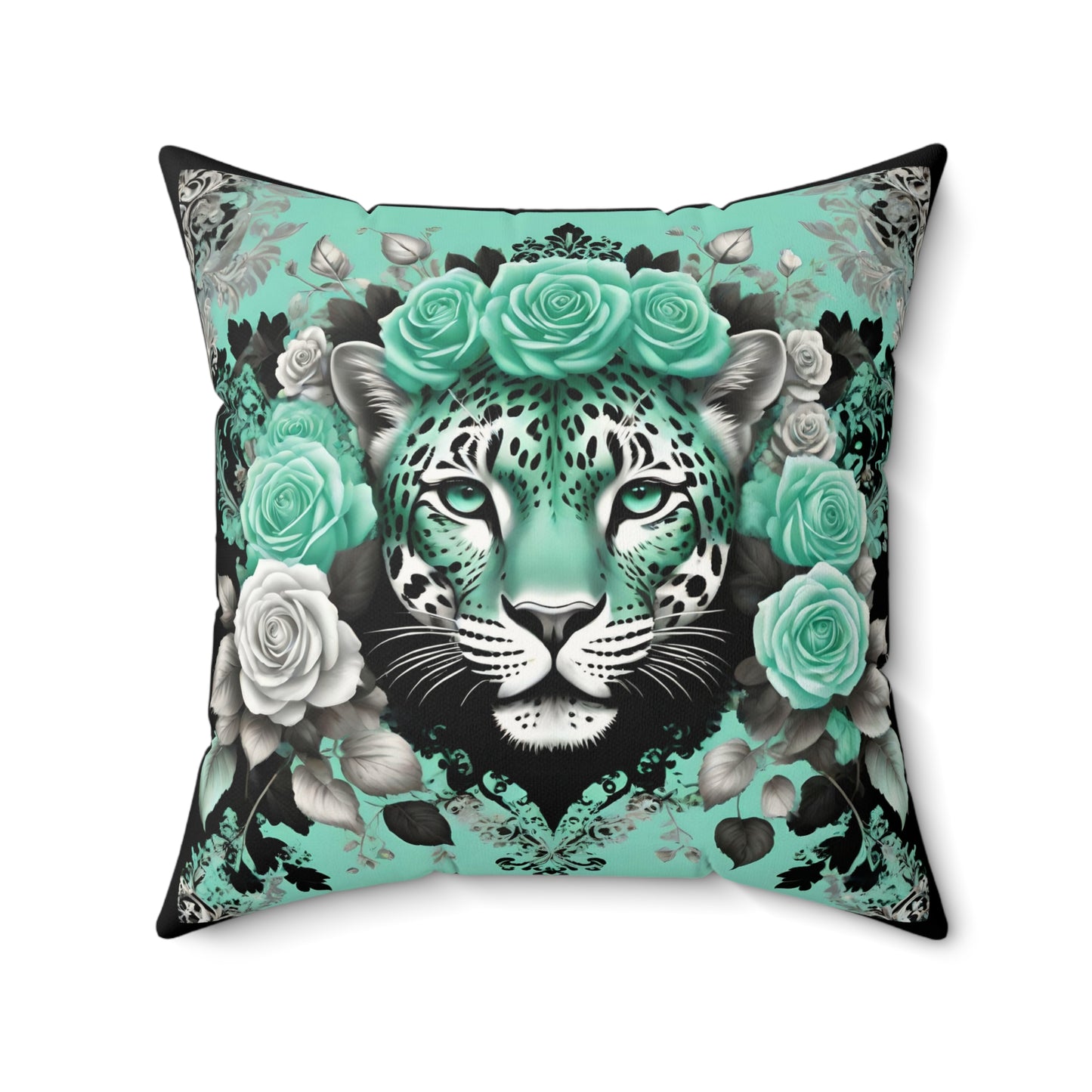 Floral Leopard Faux Suede Pillow - Artistic Home Decor - Mint Green Leopard
