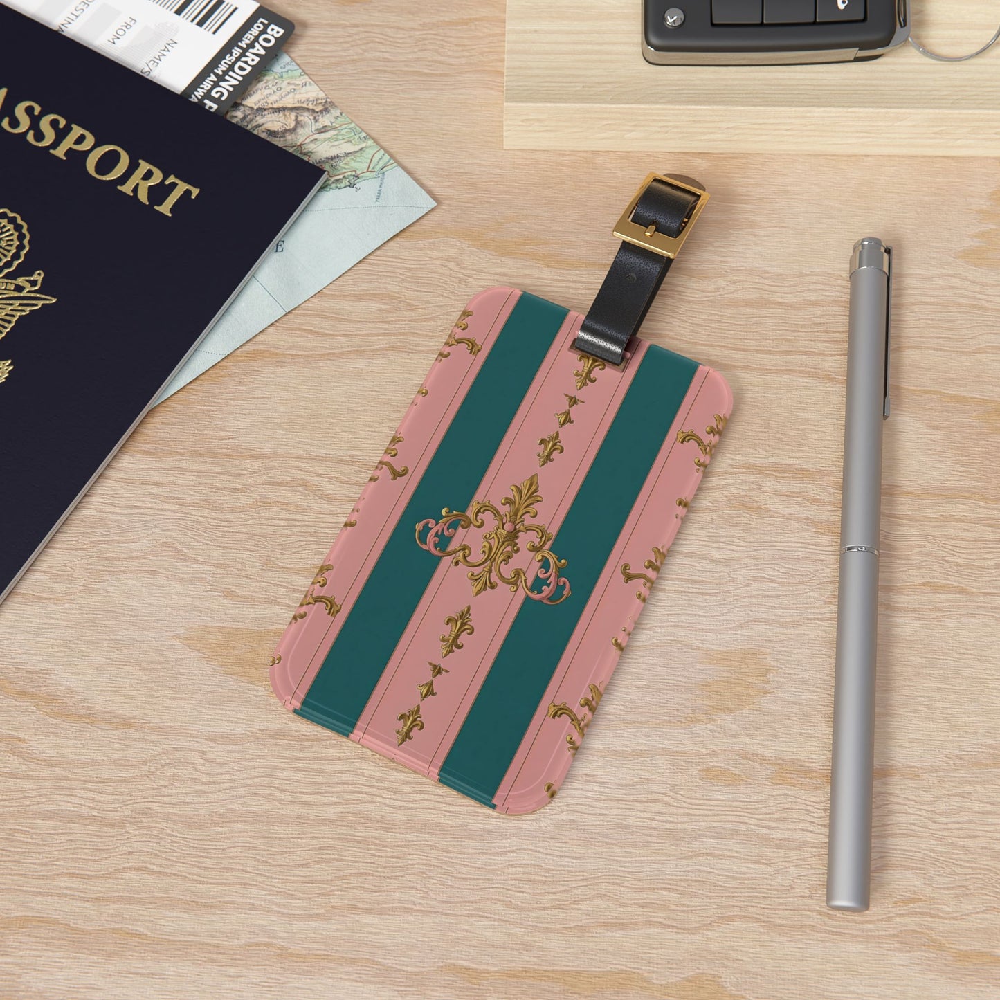 Elegant Vintage Luggage Tag | Travel Accessory, Personalized Baggage Identifier, Gift for Travelers - Pink & Teal Striped Gold Baroque