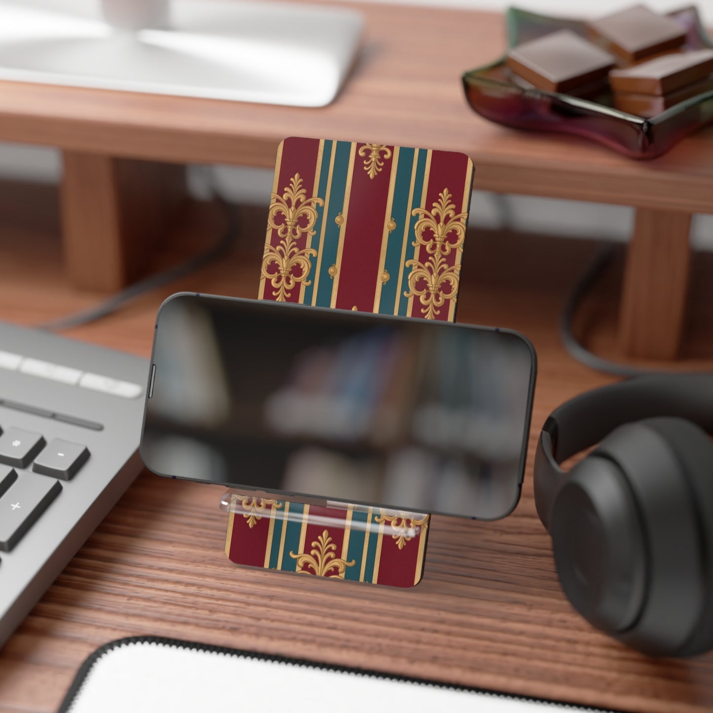 Elegant Smartphone Display Stand, Decorative Phone Holder, Unique Home Office Accessory - Burgundy Striped Gold Baroque
