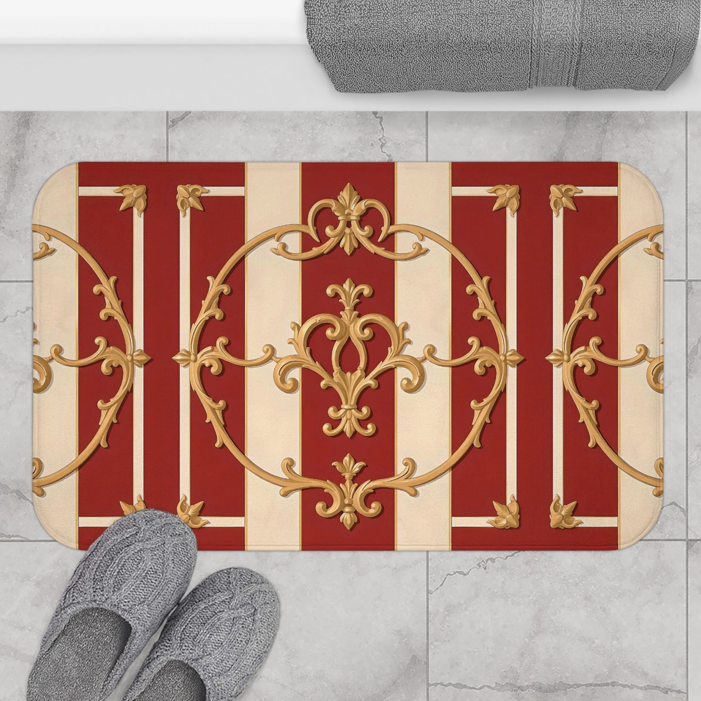 Elegant Ornate Bath Mat - Luxurious Bathroom Decor - Alabaster & Dusk Orange Striped Baroque