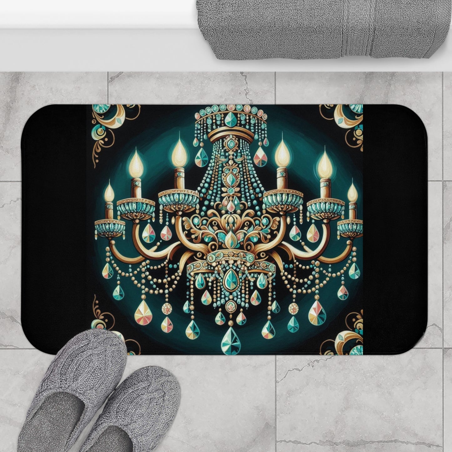 Elegant Chandelier Bath Mat, Luxurious Bathroom Decor, Glamorous Home Accessory, Stylish Bath Rug - Teal Jeweled Chandelier