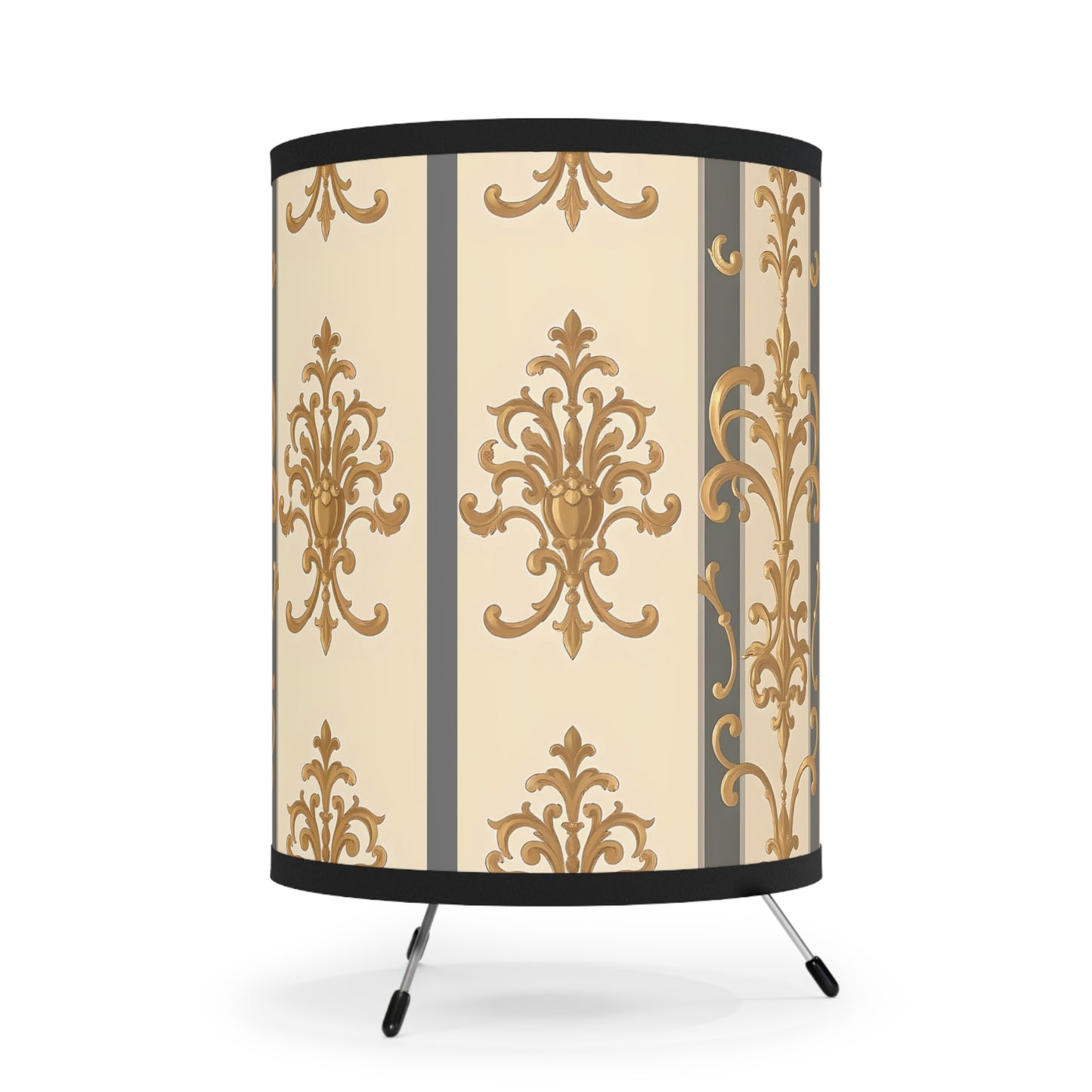 Elegant Tripod Lamp with Vintage Floral Print Shade - High-Res Home Accent - Dusk Olive Striped Gold Damask