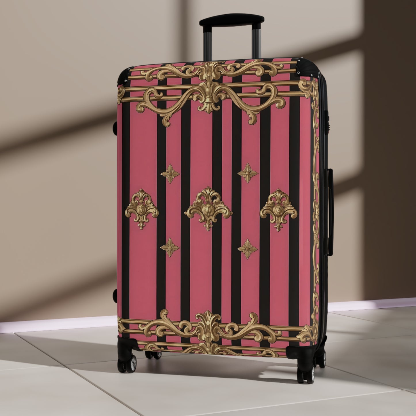 Chic Travel Suitcase for Fashionable Adventurers - Stylish Luggage, Pink Travel Bag, Unique Suitcase, Trendy Carry-On - Pink Striped Gold Rococo