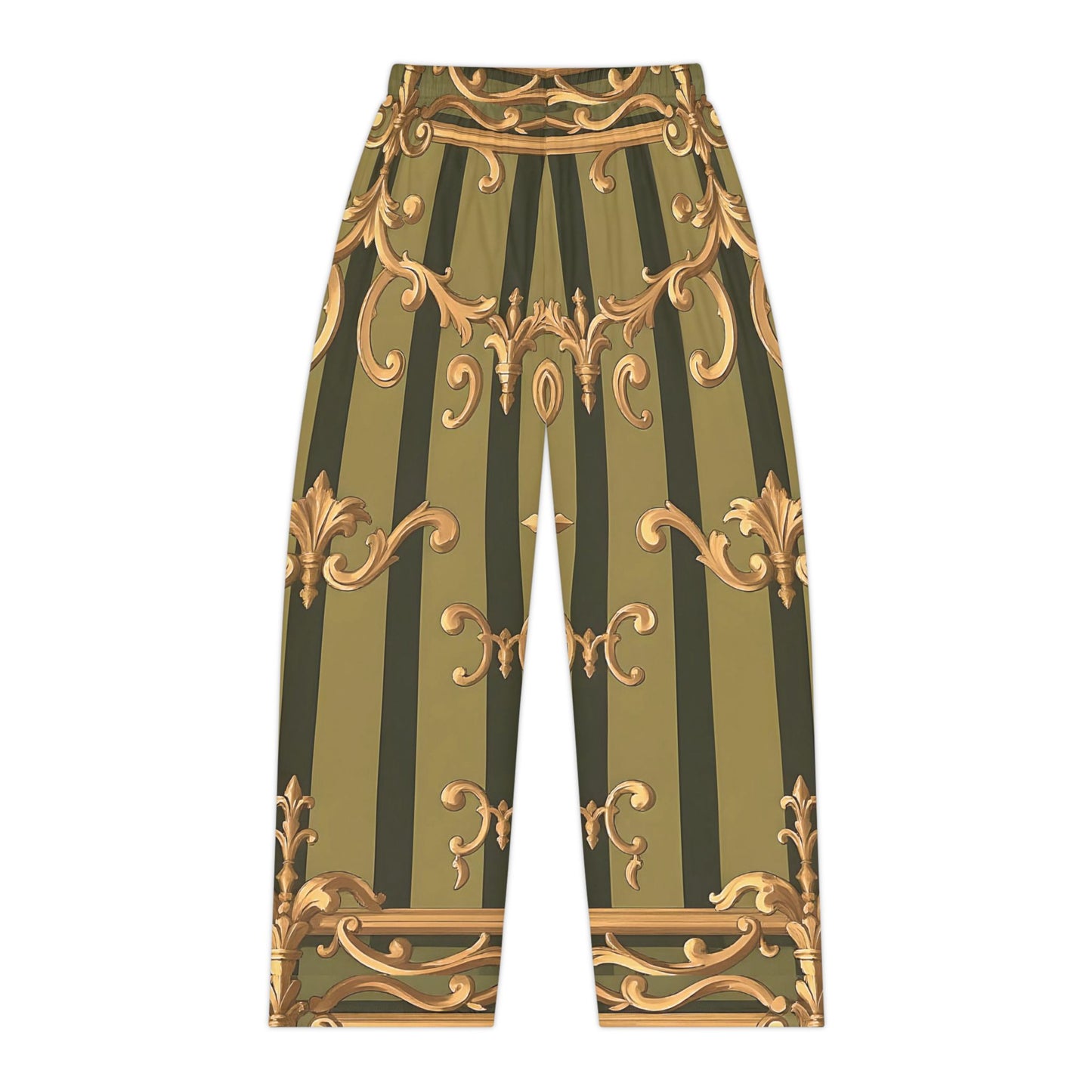 Elegant Women’s Pajama Pants, Luxe Loungewear, Cozy Sleepwear, Weekend Attire, Gift for Her - Olive Green Striped Rococo