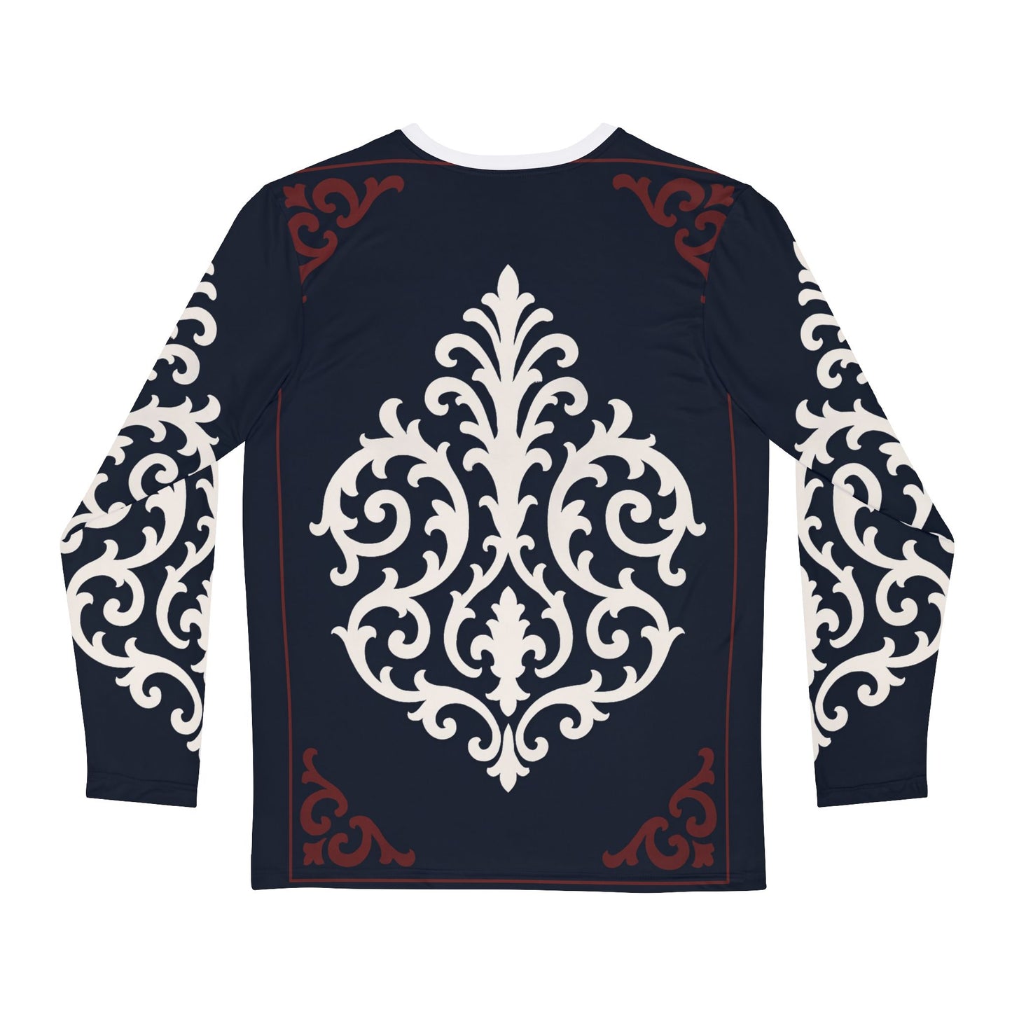 Dusk Blue & Maroon-White Baroque Long Sleeve Shirt — Classic Ornamental Men’s Top