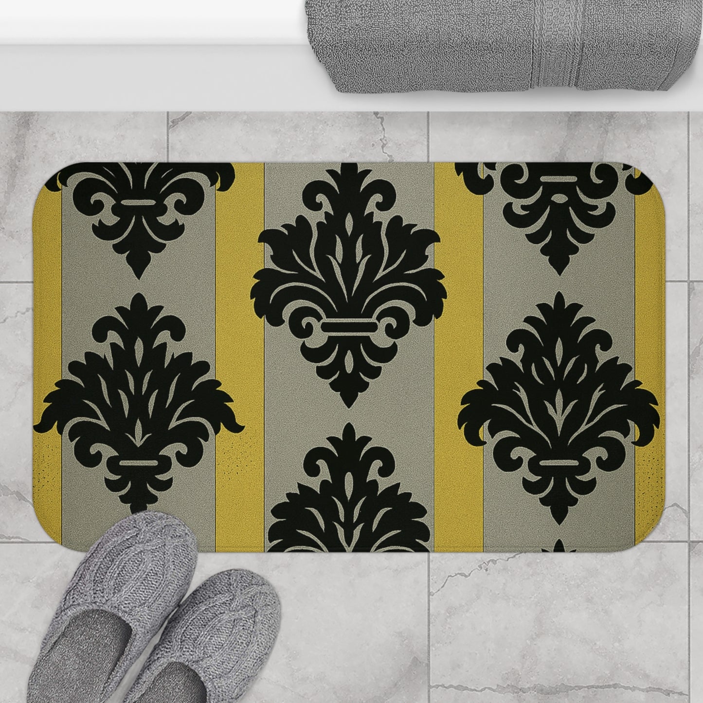 Elegant Baroque Bath Mat - Stylish Bathroom Decor, Non-Slip Mat, Gift for Home, Housewarming Gift - Silver & Gold Striped Black Baroque