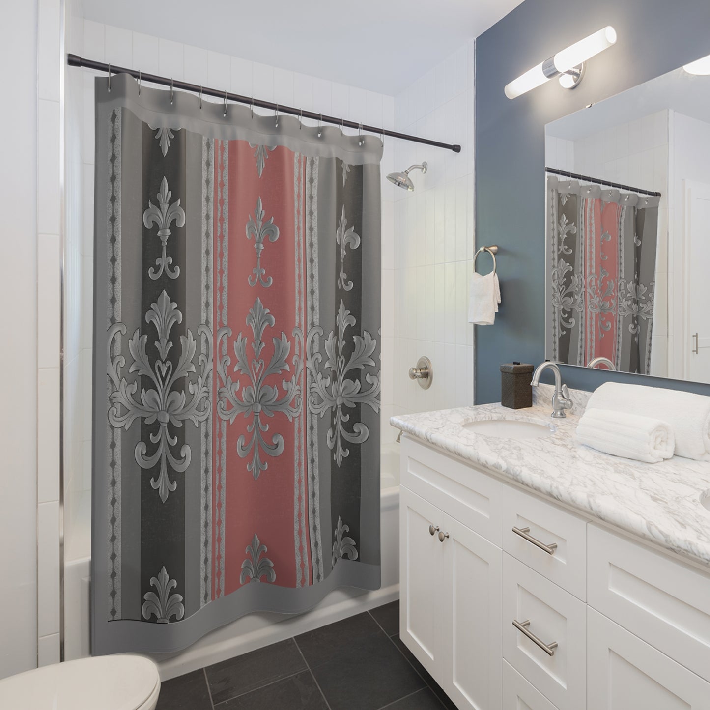Elegant Vintage Shower Curtain with Floral Design - Gray & Mauve Striped Baroque