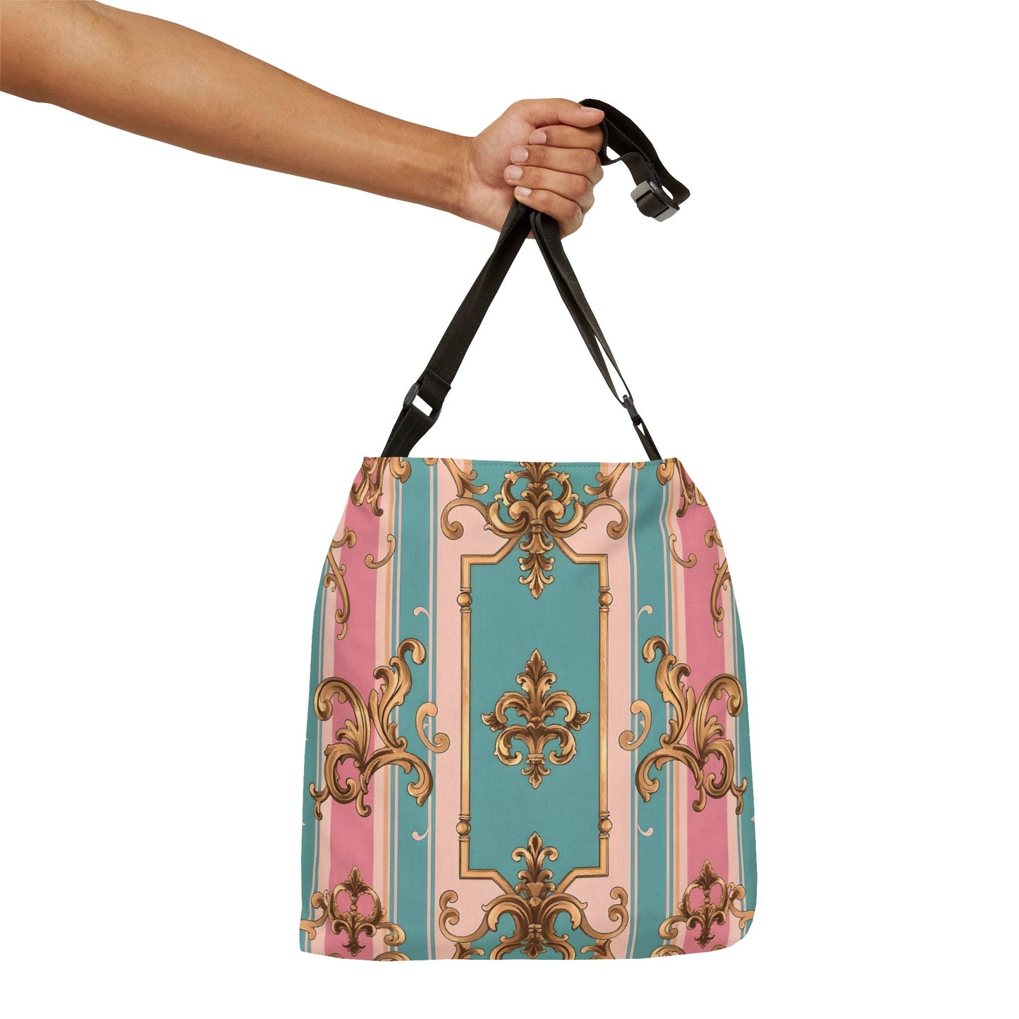 Elegant Vintage Floral Adjustable Tote Bag, Stylish Handbag, Everyday Use, Gift for Her - Pink & Matte Turquoise Striped Rococo
