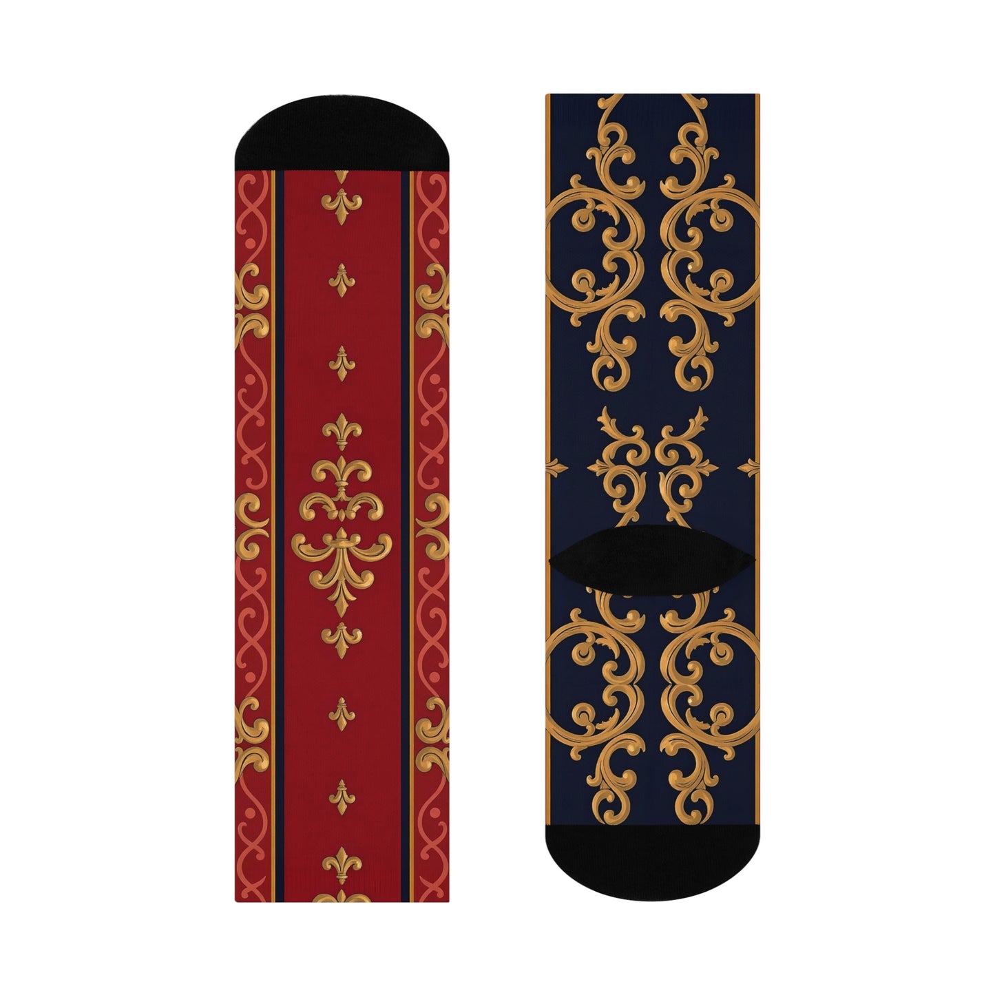 Luxurious Cushioned Crew Socks, Elegant Sock Gift, Fashion Accessories, Stylish, Fall and Winter Essentials - Midnight Blue & Dusk Red Gold Baroque