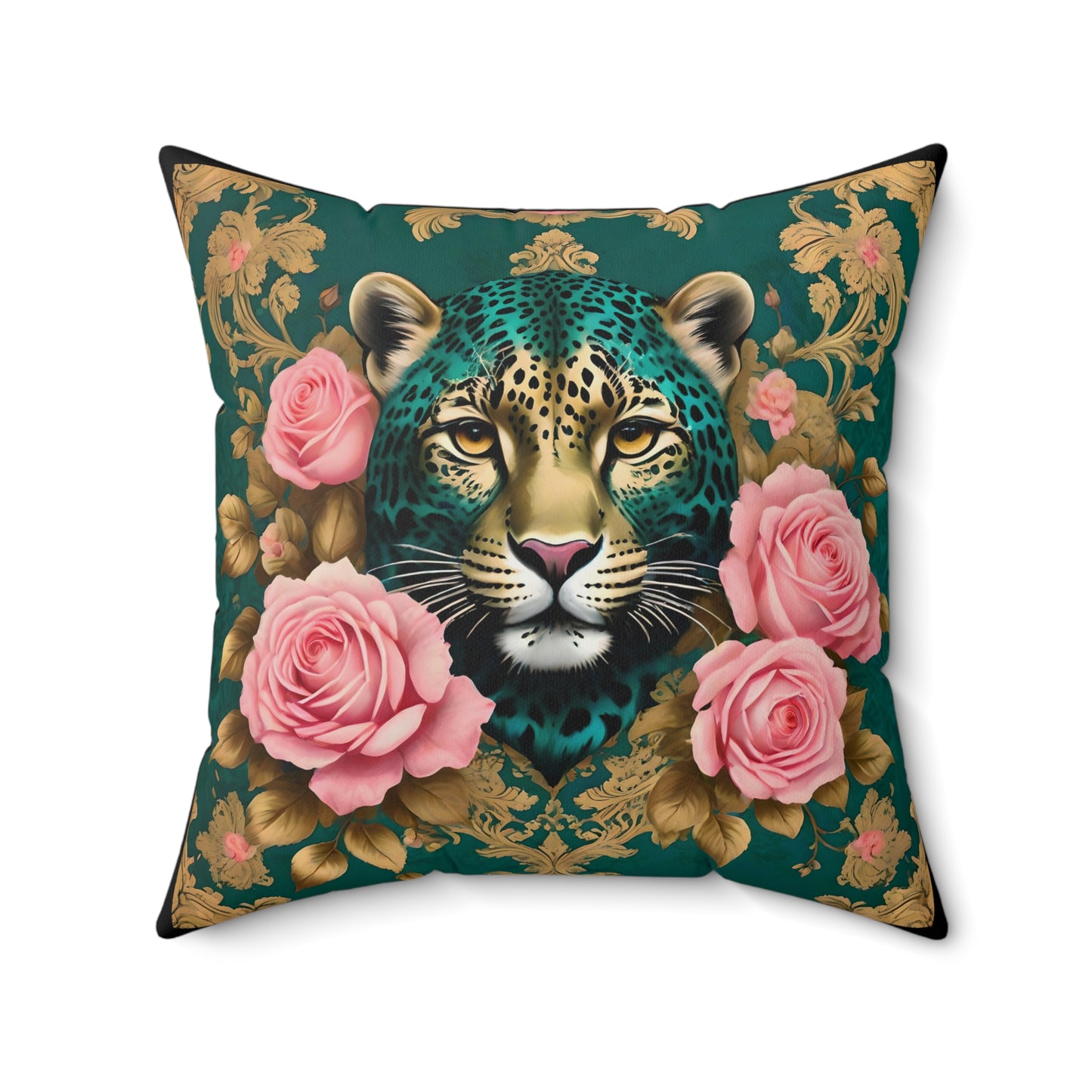 Elegant Luxe Faux Suede Pillow with Leopard and Roses Design - Teal Leopard