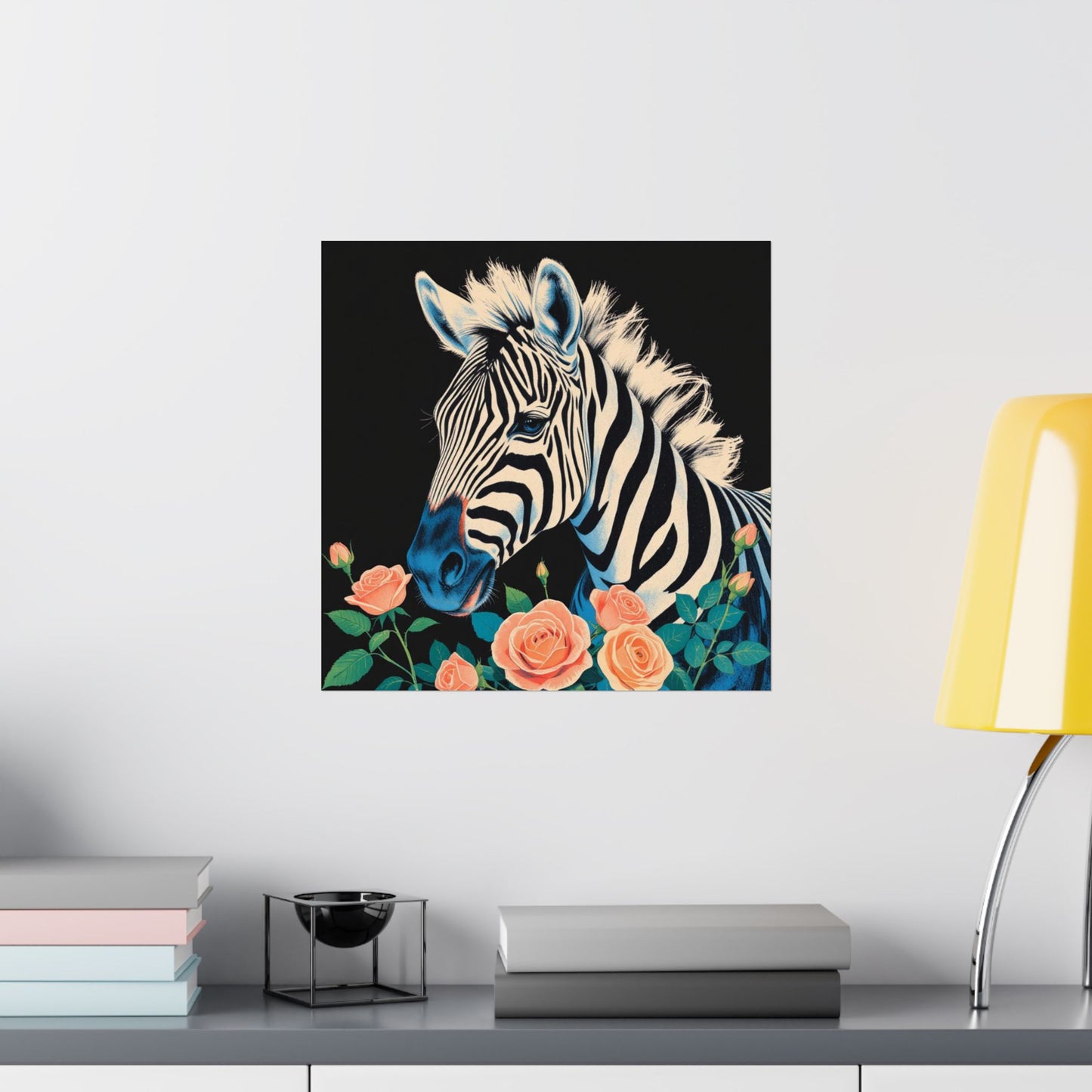 Floral Art Poster - Elegant Matte Vertical Wall Decor - Blue Zebra & Roses