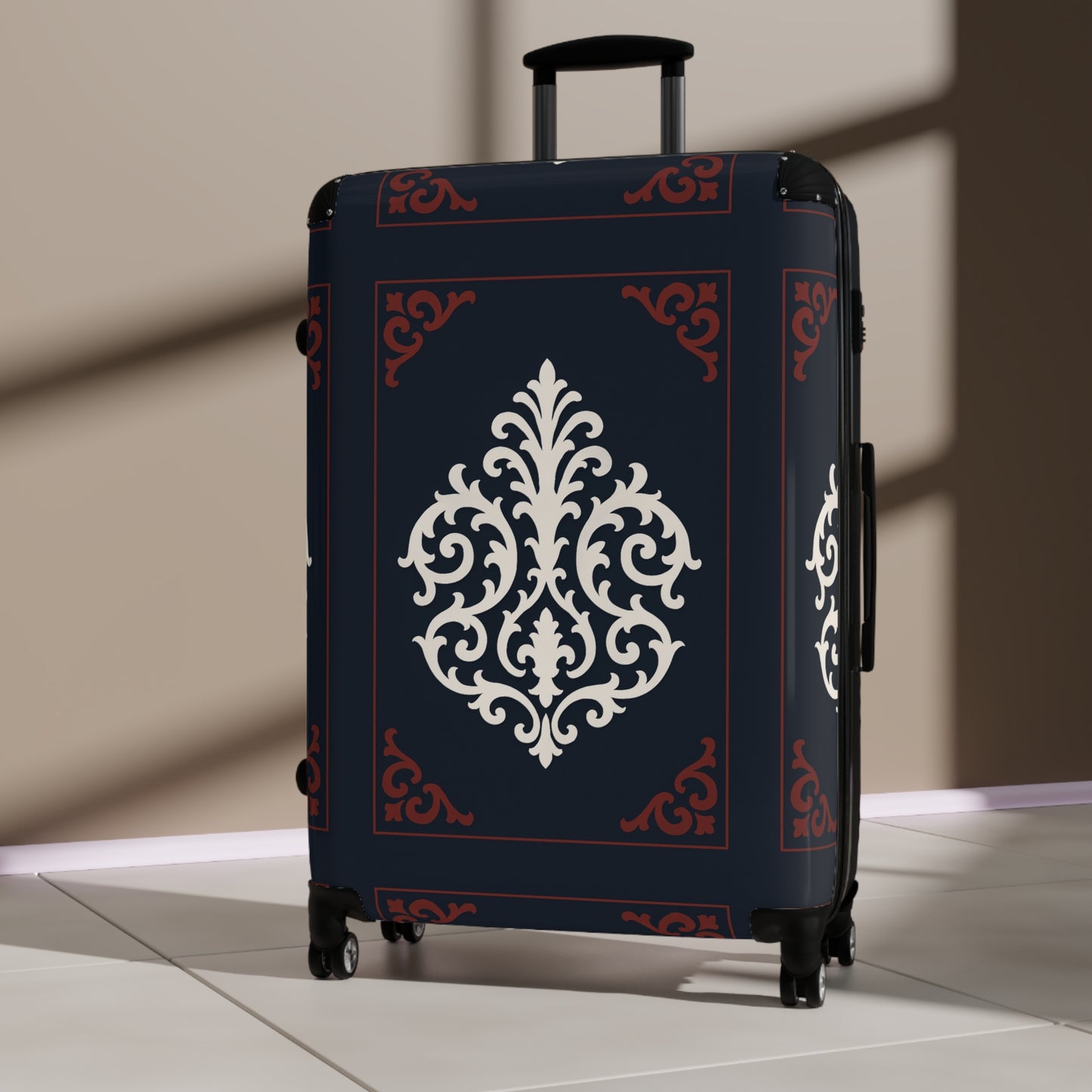 Dusk Blue-Maroon & White Baroque Carry-On Suitcase — Elegant Travel Luggage with Vintage White Medallion