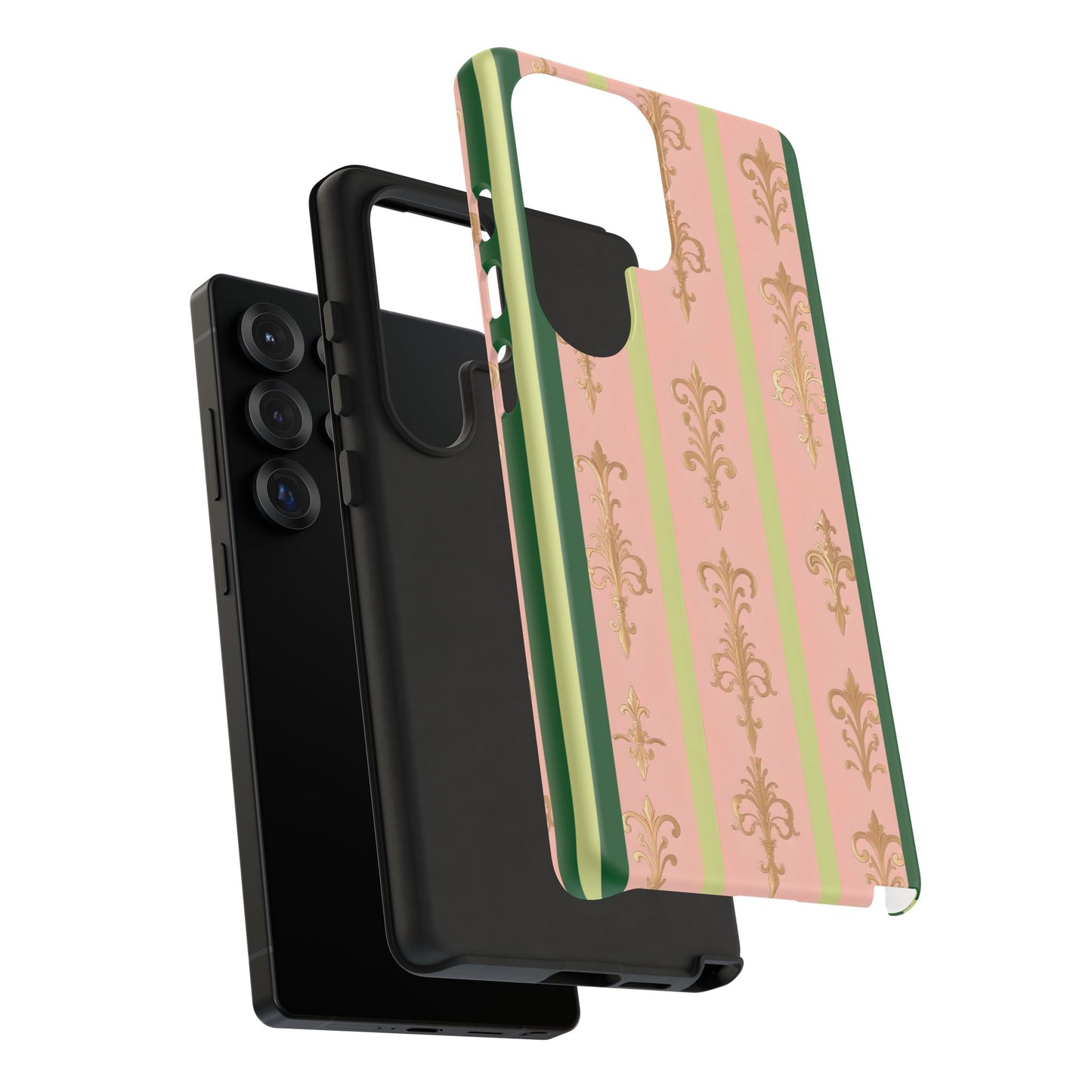 Elegant Floral Motif Phone Case - Tough Cases with Vintage Design - Lime Green & Pink Striped Damask