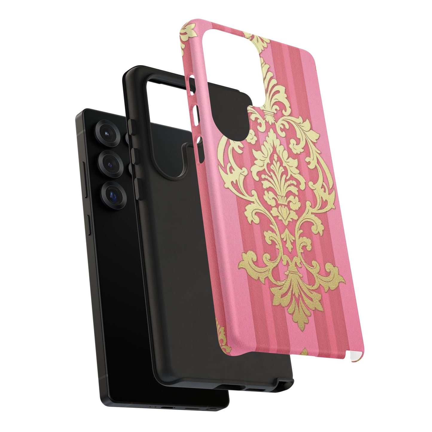 Elegant Floral Motif Phone Case - Tough Cases with Vintage Design - Pink Striped Damask