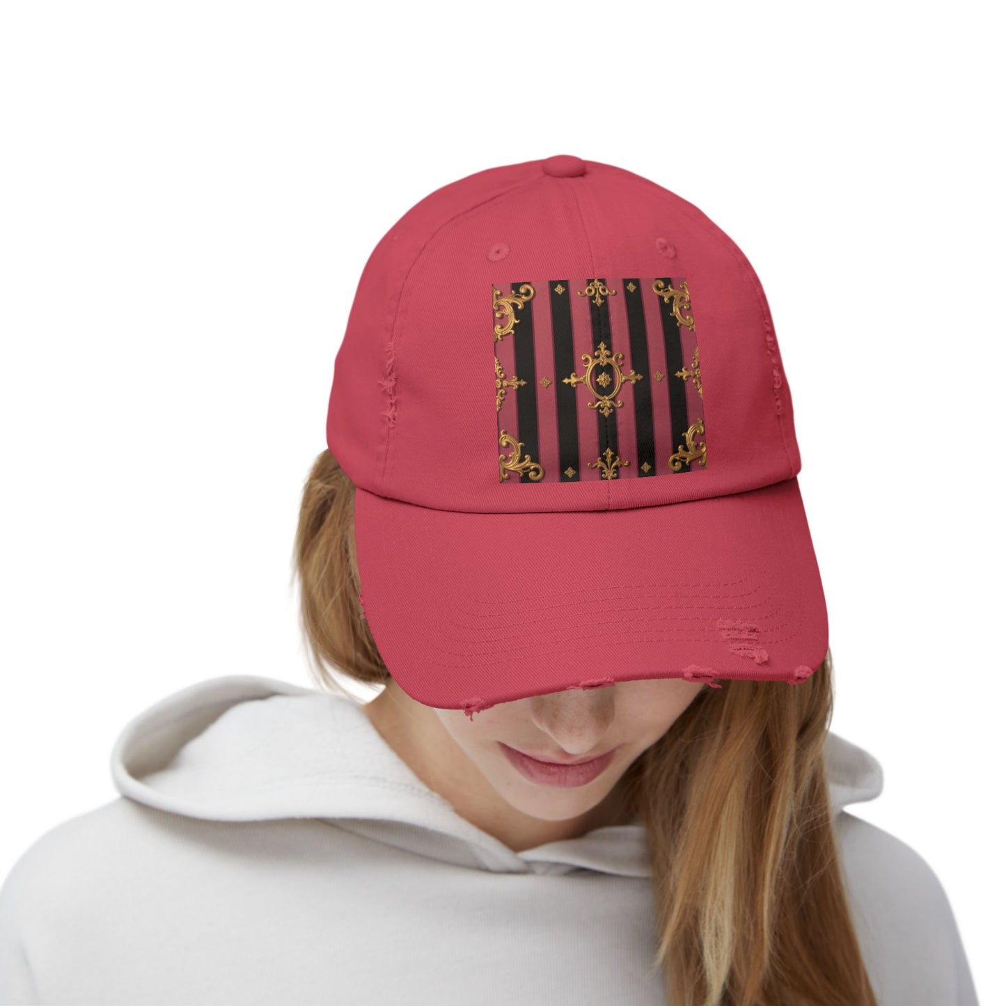 Chic Black & Mauve Striped Gold Baroque Distressed Cap, Trendy Hat, Vintage Style Cap, Gift for Him/Her, Casual Accessory