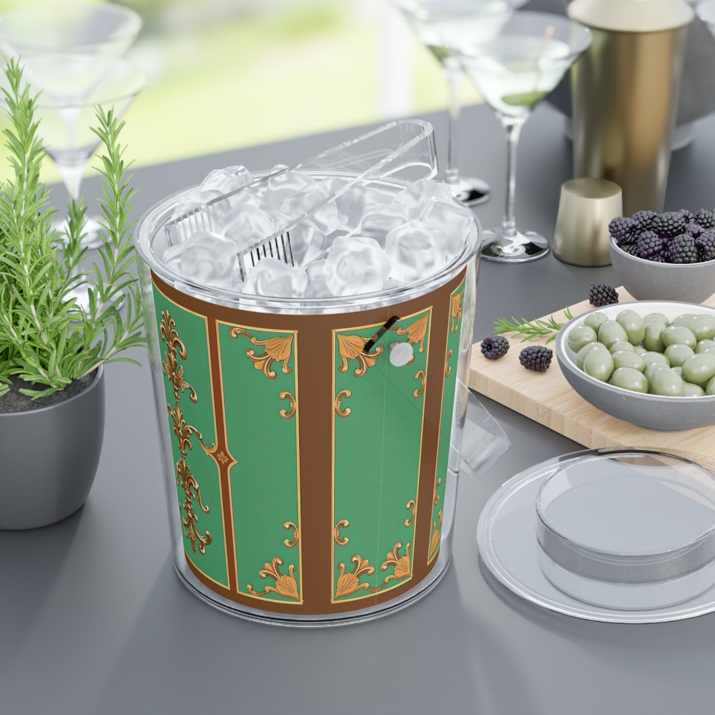 Elegant Green Ice Bucket with Tongs - Perfect for Parties & Celebrations - Rust & Green Striped Baroque