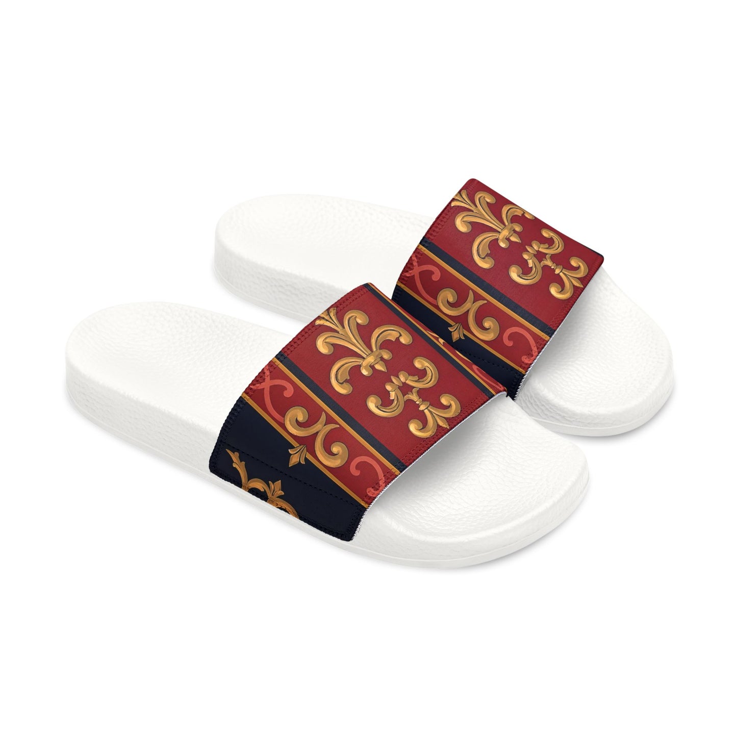 Stylish Men's Removable-Strap Sandals, Trendy Footwear, Casual Beach Sandals, Indoor/Outdoor Sandals - Midnight Blue & Dusk Red Gold Baroque