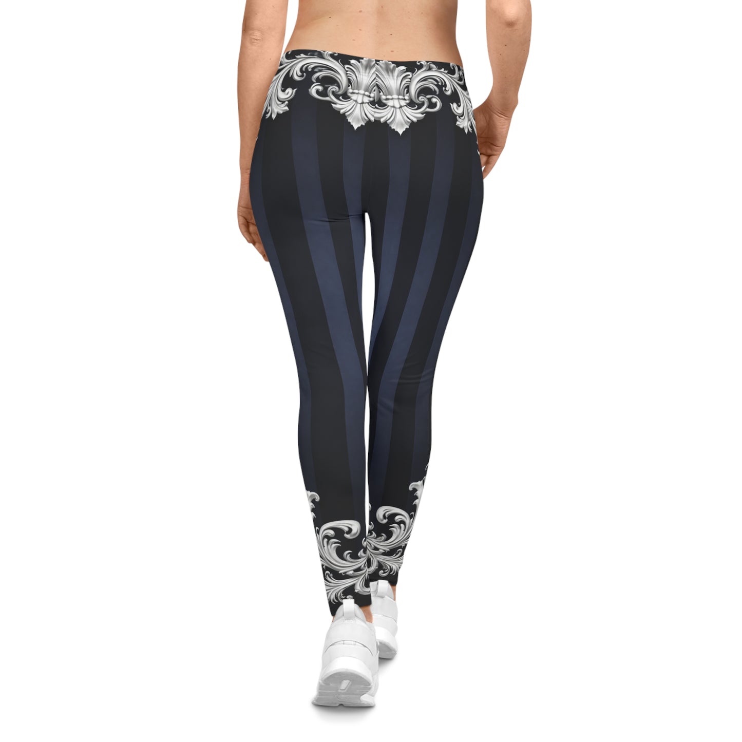 Navy Stripes & Baroque Print Leggings - Vintage Navy Ornate Pattern