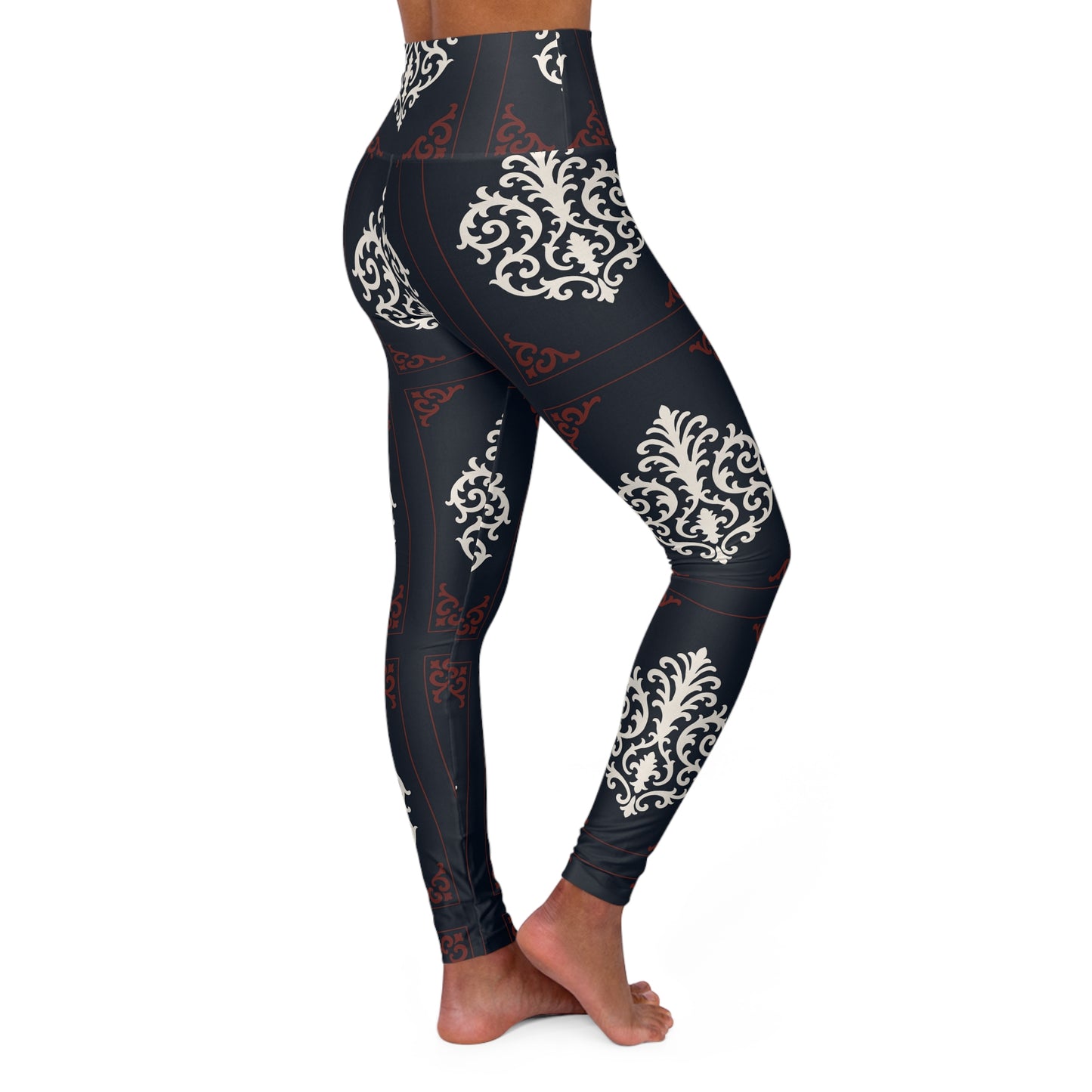 Dusk Blue & Maroon-White Baroque High-Waisted Yoga Leggings — Dusk Blue & White Baroque All-Over Print
