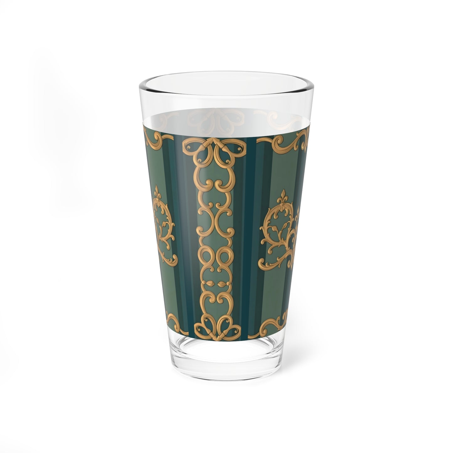 Elegant Mixing Glass, 16oz | Decorative Drinkware, Gold-Inspired Design, Barware, Gift for Home Bar - Smoky Blue & Teal Striped Baroque