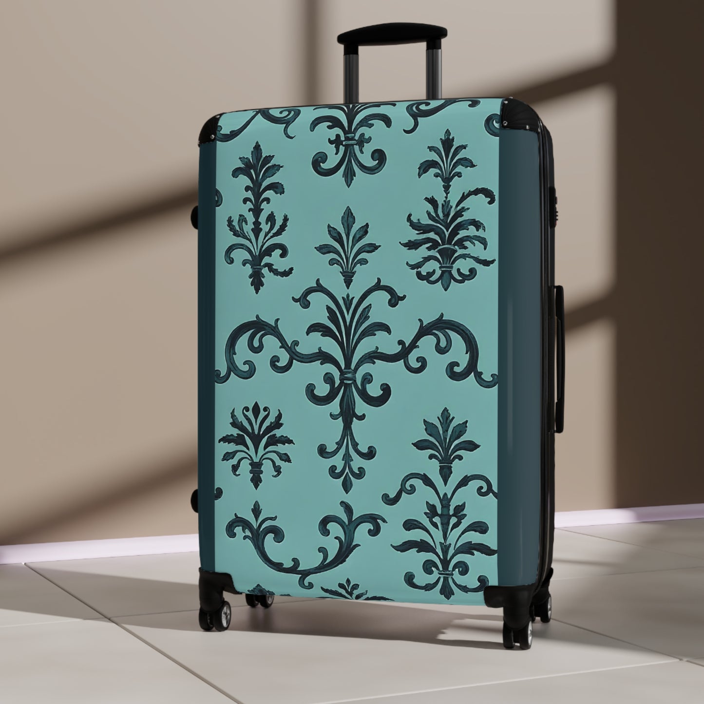Elegant Damask Style Suitcase - Travel Luggage, Personalized Gift for Travelers, Stylish Carry-On for Vacations - Teal Striped Rococo