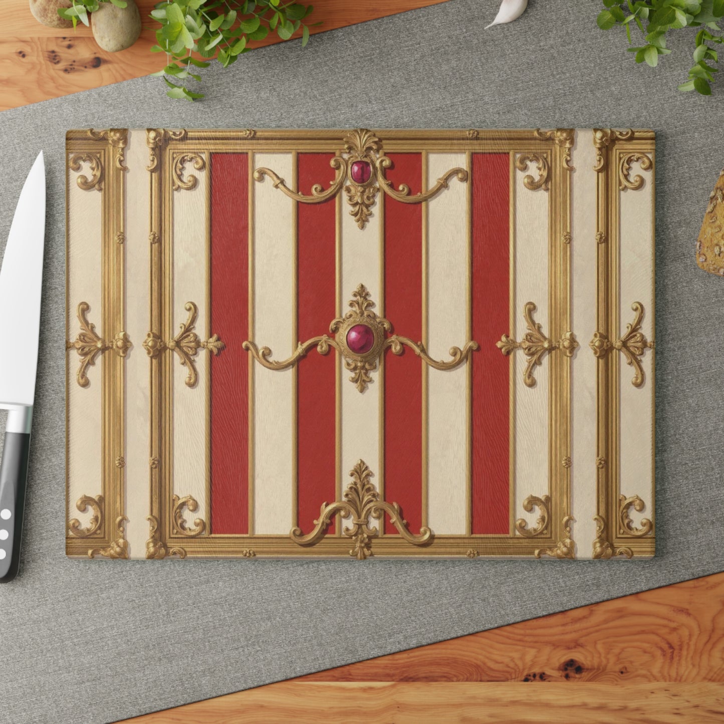 Elegant Baroque Pattern Glass Cutting Board – Perfect for Home Chefs and Culinary Gifts - Alabaster & Dusk Orange Striped Baroque