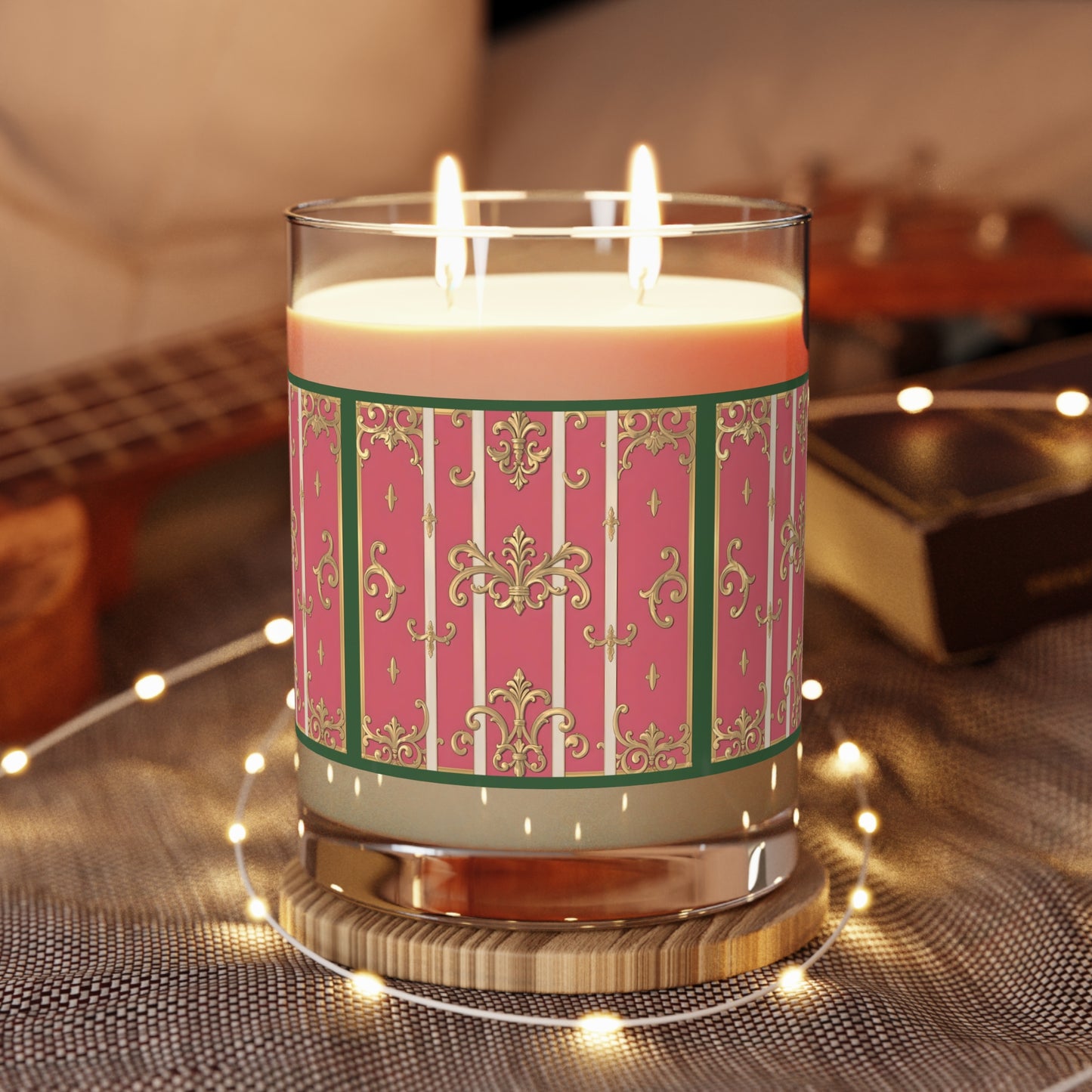 Elegant Green Border Pink Striped Baroque Scented Candle - Romantic Home Decor, Gift for Her, Relaxing Aromatherapy