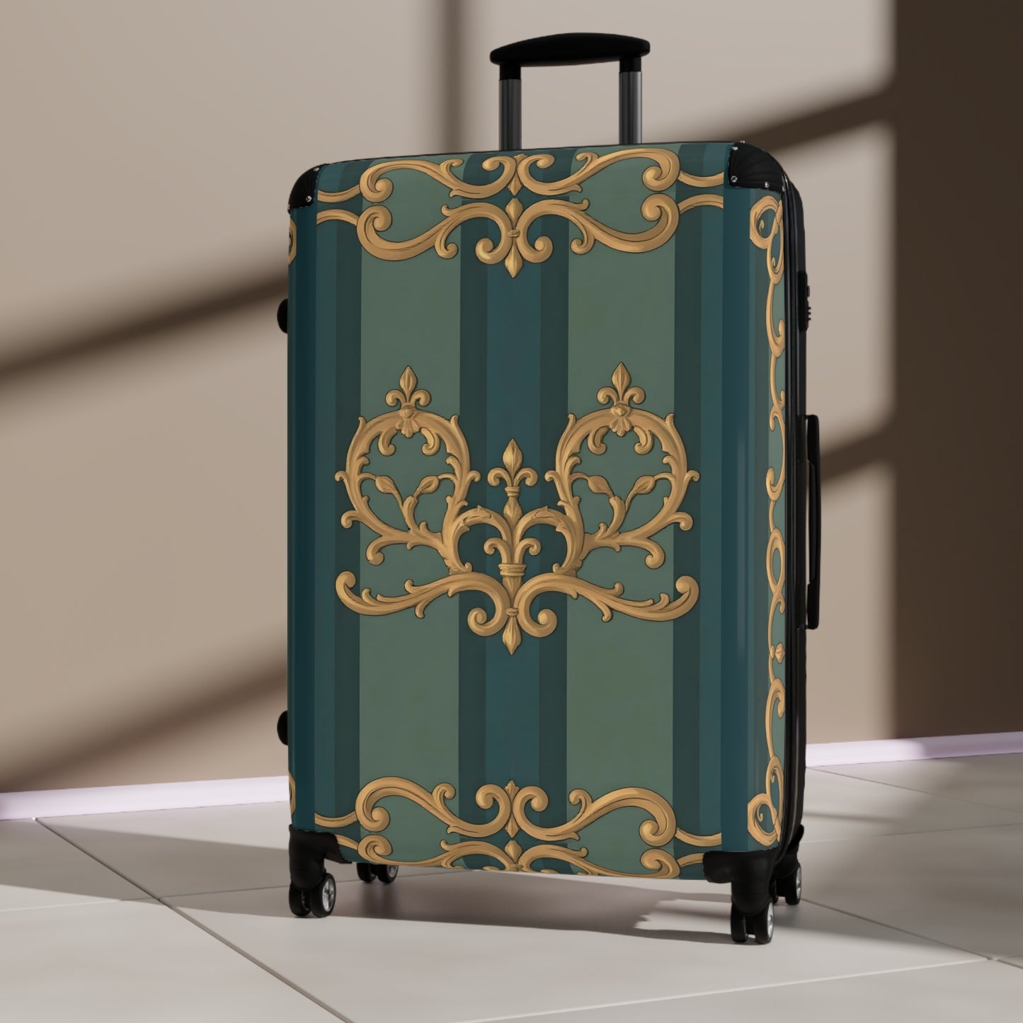 Vintage Floral Suitcase - Stylish Travel Luggage for Adventurers - Smoky Blue & Teal Striped Baroque