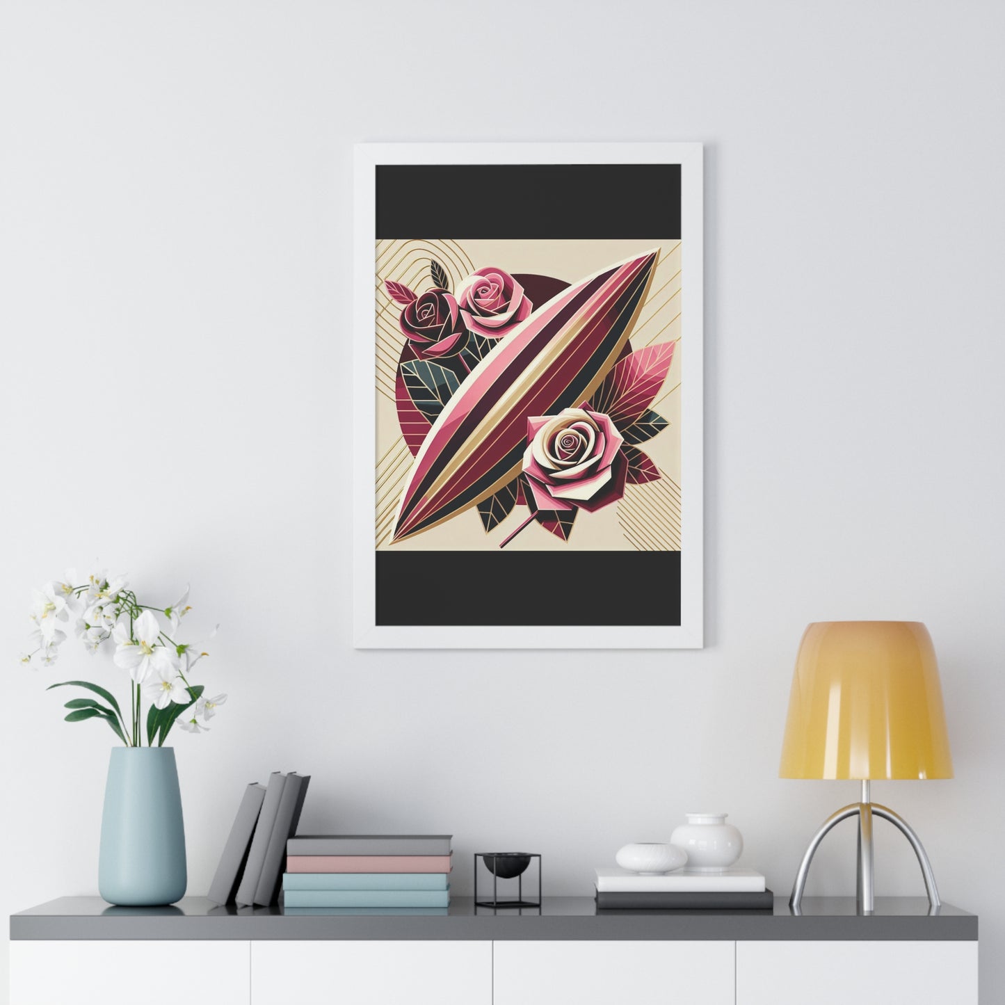 Vertical Poster - Pink & Burgundy Striped Surfboard & Roses Wall Art